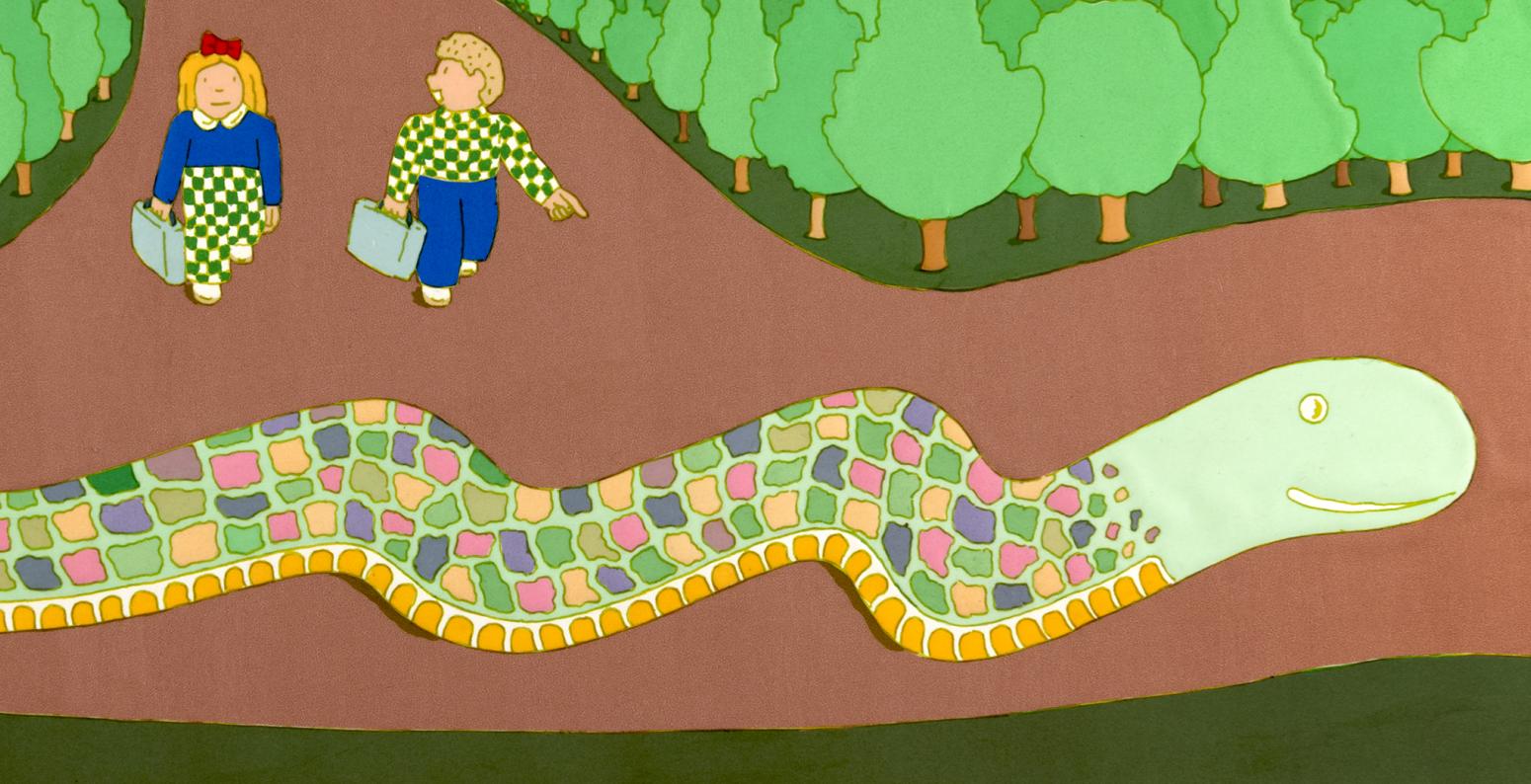 Illustration of two children walking a path with large snake. 