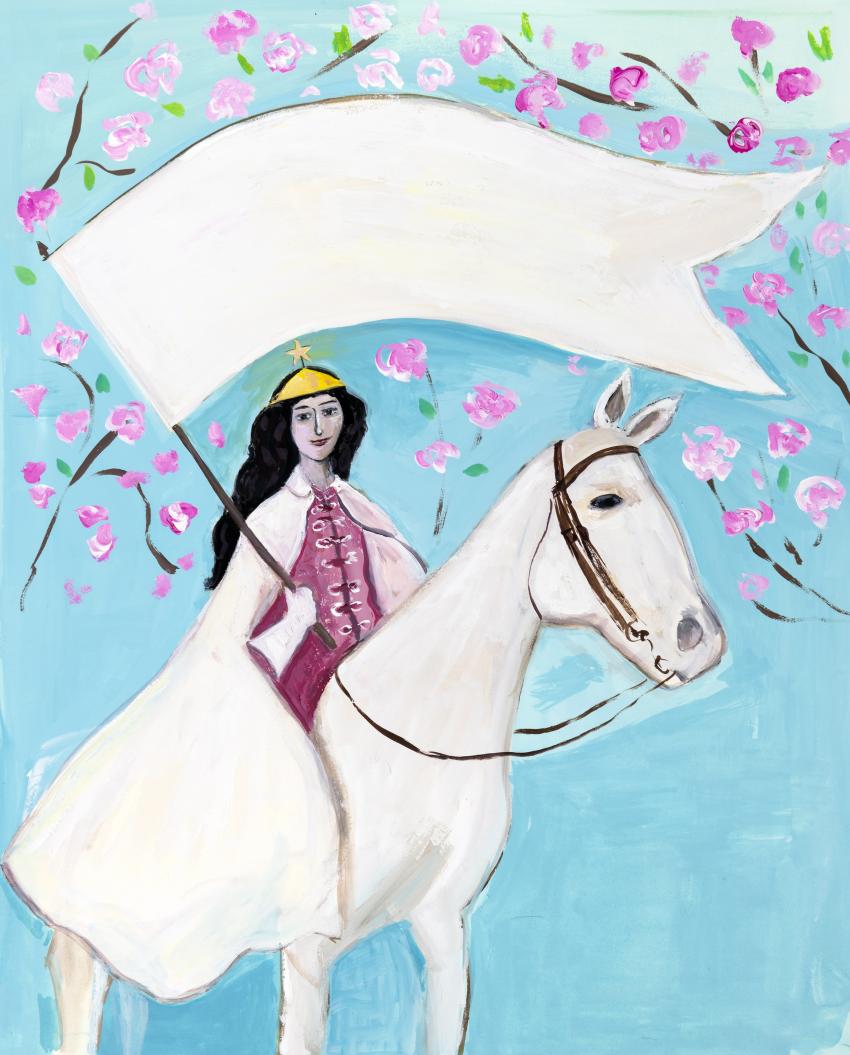Illustration of woman carrying flag on horseback. 