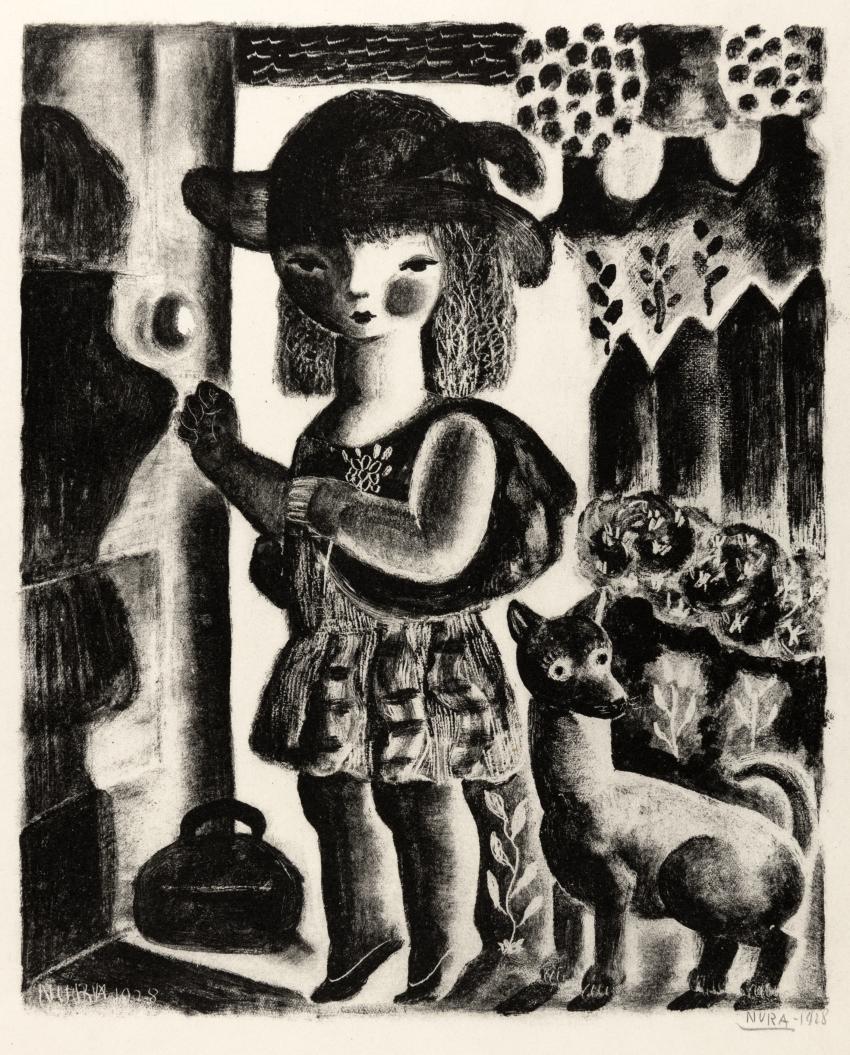 Lithograph of girl in hat standing in doorway next to dog. 