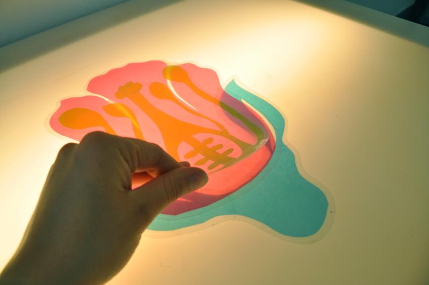 A hand peels back the layers of laminated paper sheets on the light table that make up a flower.