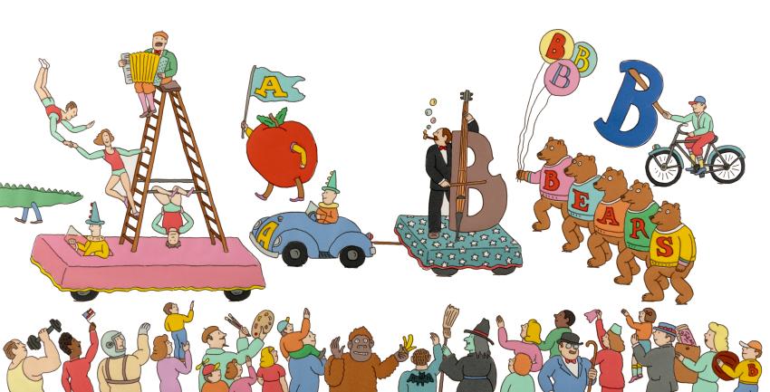 Illustration of A and B animals on parade. 