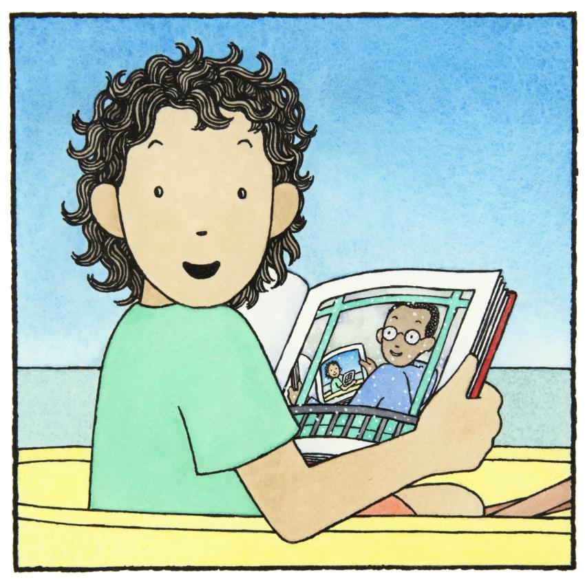 Illustration of child looking at book with same image inside. 