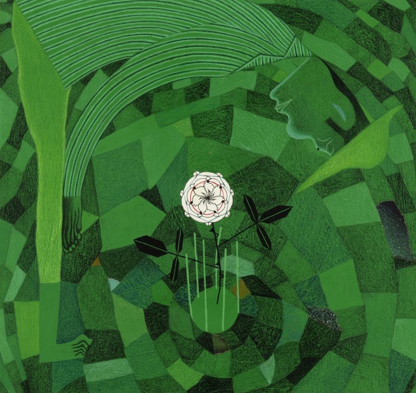 Illustration of figure in green abstract garden. 