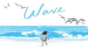 Cover image for Wave shows a child facing a coming wave on the beach.