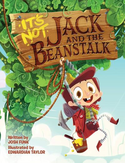 A boy with a rope and grappling hook swing smiling from a giant green beanstalk.
