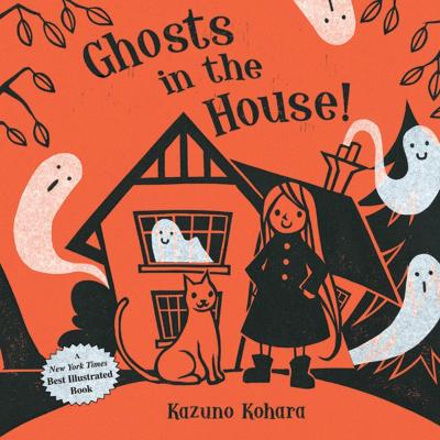 A girl wearing a black dress stands smiling in front of haunted house surrounded by ghosts.