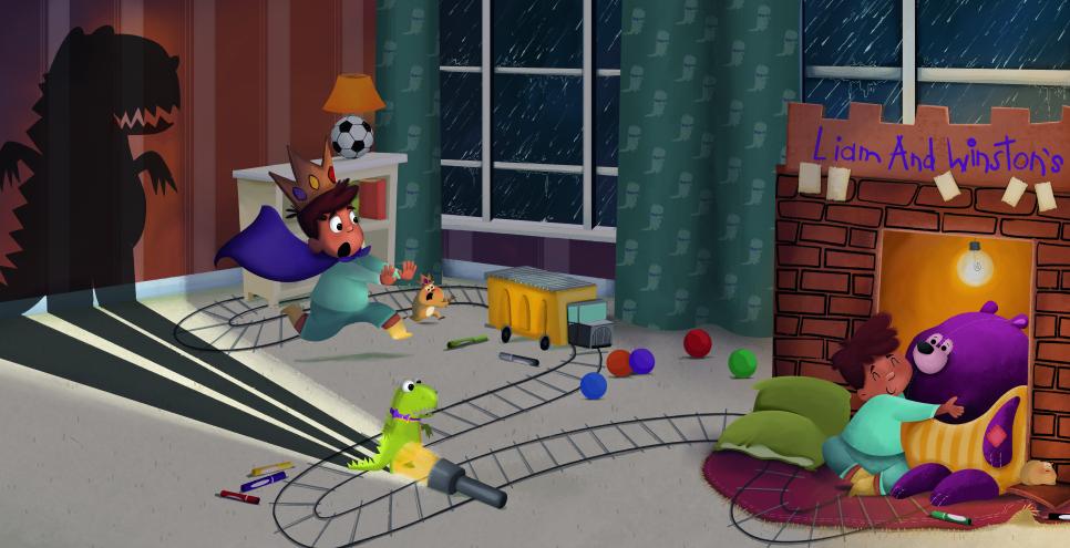 A child's bedroom showing a sequence of images of a boy in blue pajamas running across his room, then facing a purple stuffed bear in a fort, and finally holding holding his bear and removing it from the fort.