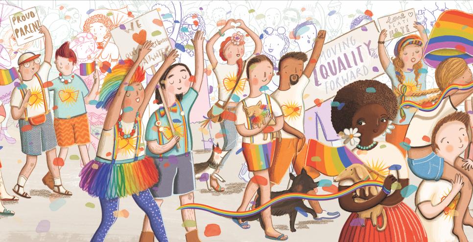 Participants walking in a Pride Parade, holding signs and pride flags.