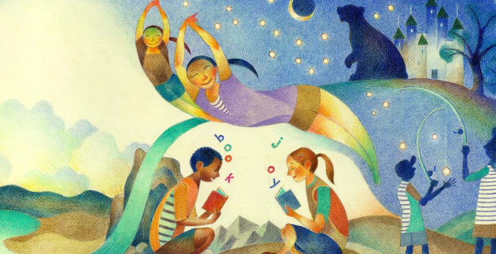 Illustration of children flying through night sky.