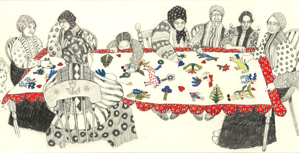 Illustration of people at table. 
