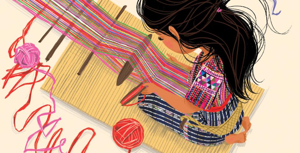 Illustration of girl weaving. 