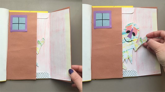 Two pictures: One where the door book is opened and a creature with green patterned hands is sticking out. The second image shows a friendly smiling creature with a triangle purple nose, orange eyebrows, and a green body waves out from the card as a hand pulls the creature out of the door.