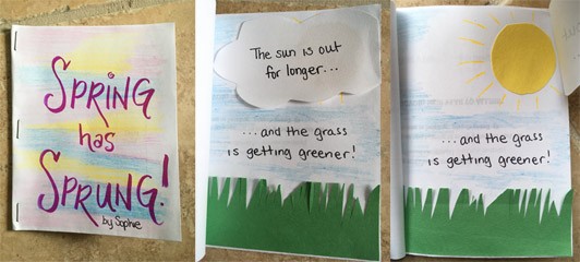 Three images: The first is the front cover of a stapled book where the title is called "Spring has Sprung!" by Sophie. The second image shows a nature scene with a cloud, grass, and blue sky. The text says "The sun is out for longer..."  is written on the cloud and "...and the grass is getting greener!" is written in the sky. The third image shows that you can lift the cloud away to reveal a bright yellow sun.