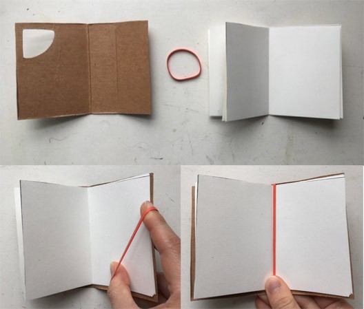 A cardboard cover, rubber band, and stack of papers which, over the three images are turned into a book by stacking the papers inside the cardboard cover then putting a rubber band around the spine of the book.