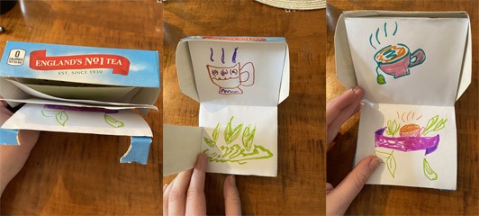 Three boxes showing a book made out of a tea box; one image shows the side of the box and how it opens to reveal pages inside, the second shows two of the inside pages of a steaming cup of tea and tea leaves revealed by a lift-flap, and the third picture shows two other pages with a different cup of tea and green tea leaves.