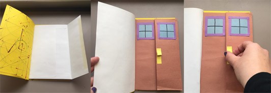 Three images: One showing that the yellow stick-and-band book has envelopes as the inside pages. The second and third photos show how one of the envelopes has been turned into a door with a brown construction paper door, blue and purple windows, and a yellow door handle that has been glued to make it raised from the surface. One half of the door is on the envelope flap and one half is on the envelope body so when the door handle is pulled, the door opens.