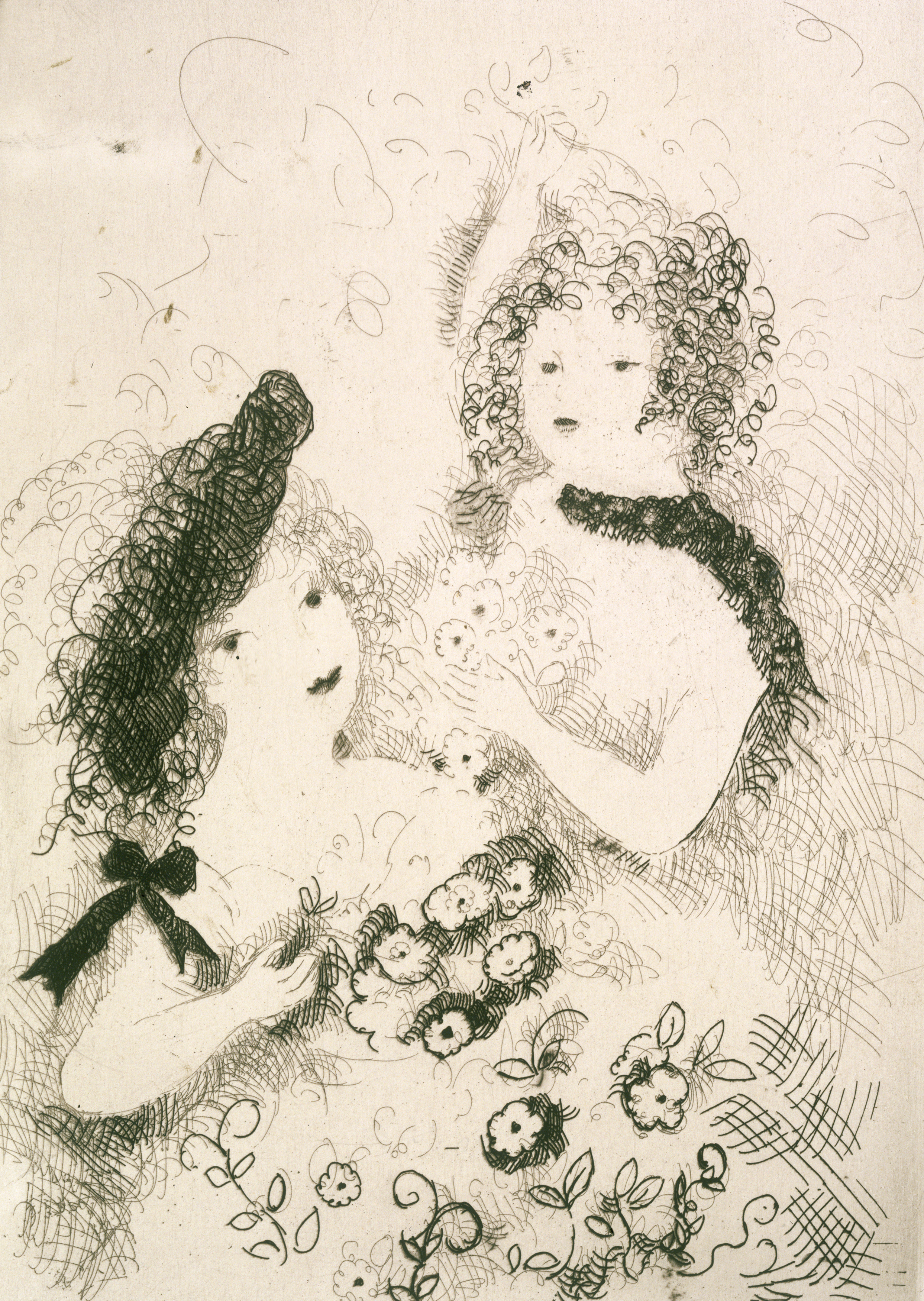 Etching of two girls in hats. 