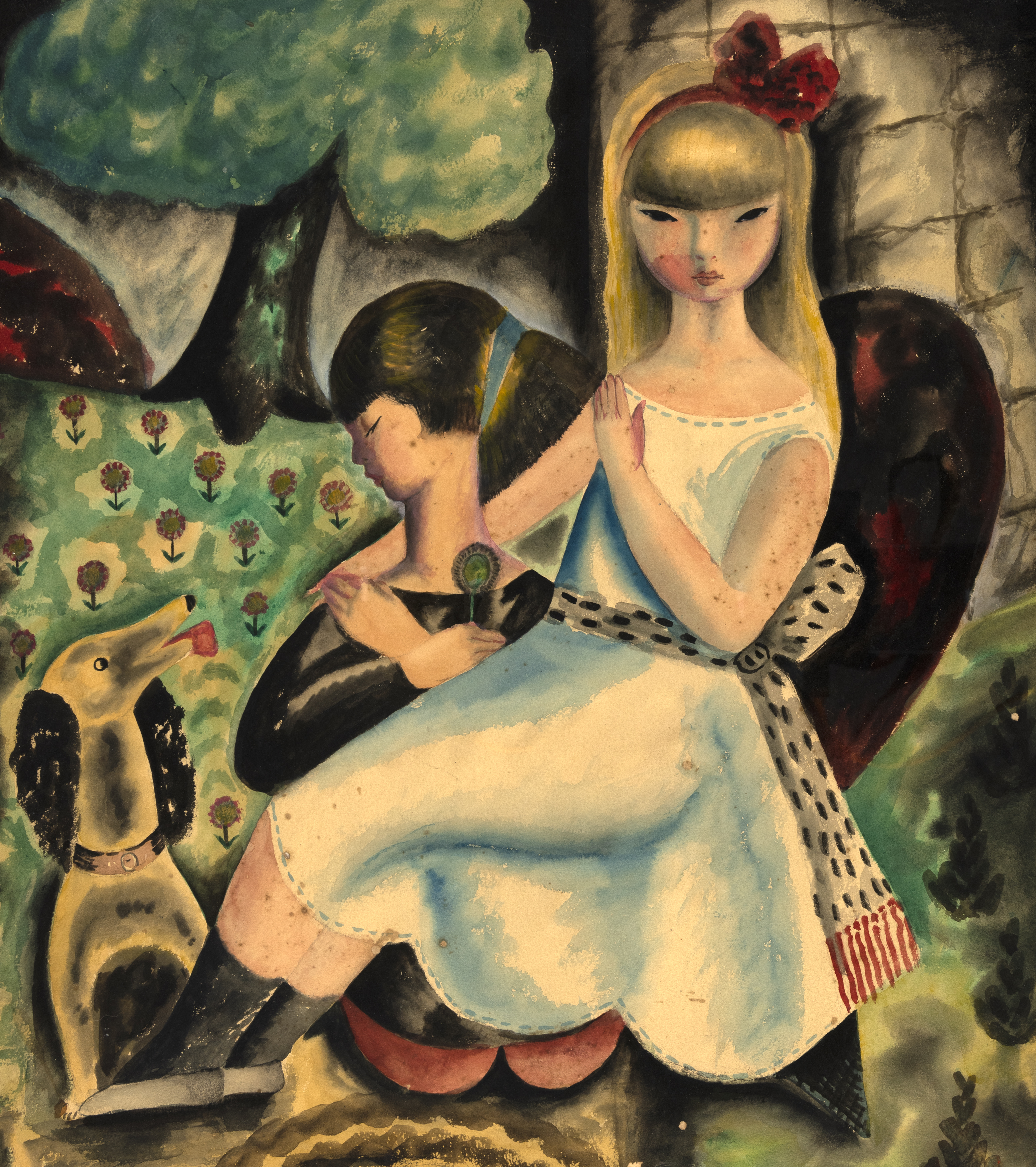 Painting of two girls in landscape with poodle. 