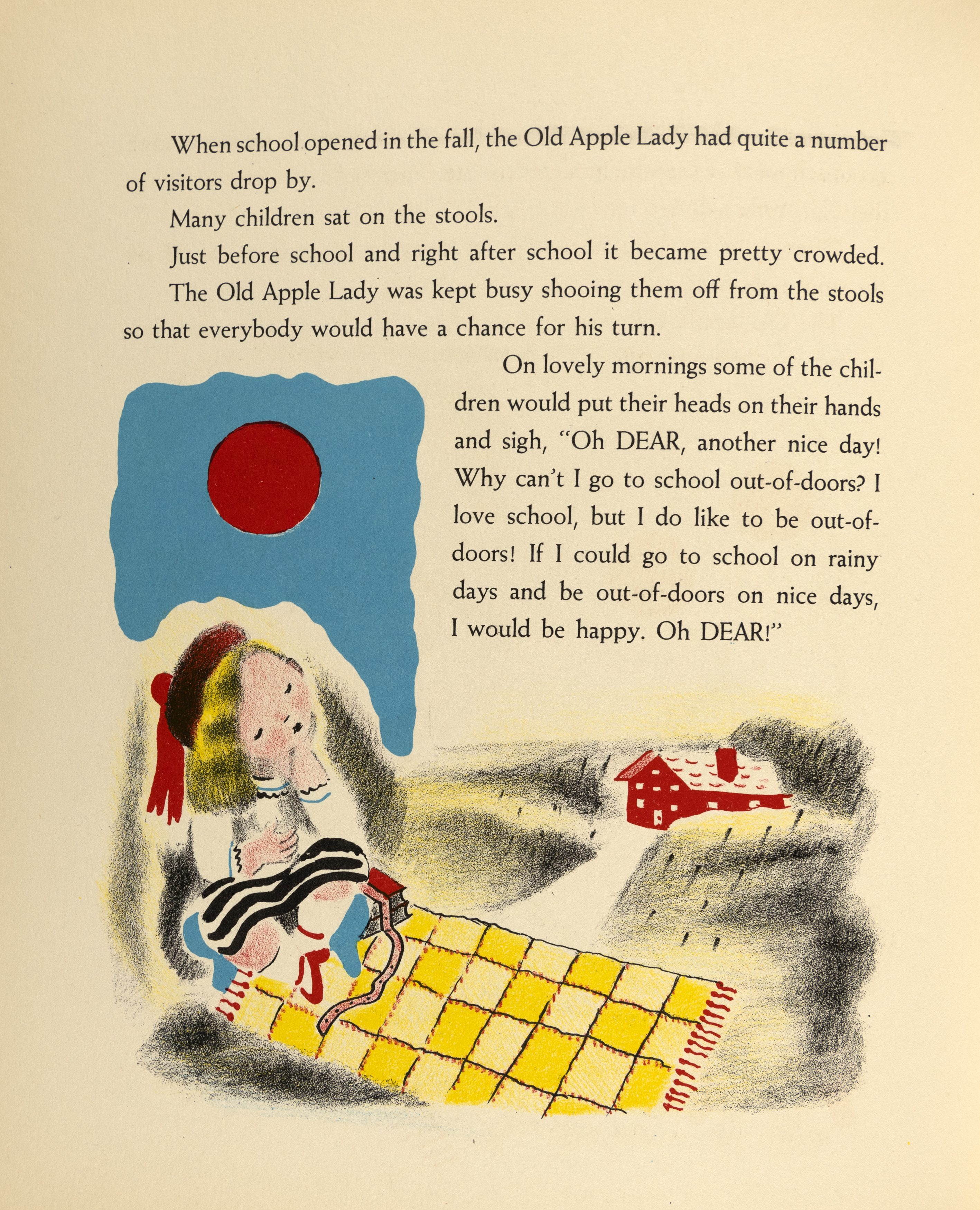 Book page showing girl on blanket in sunshine.