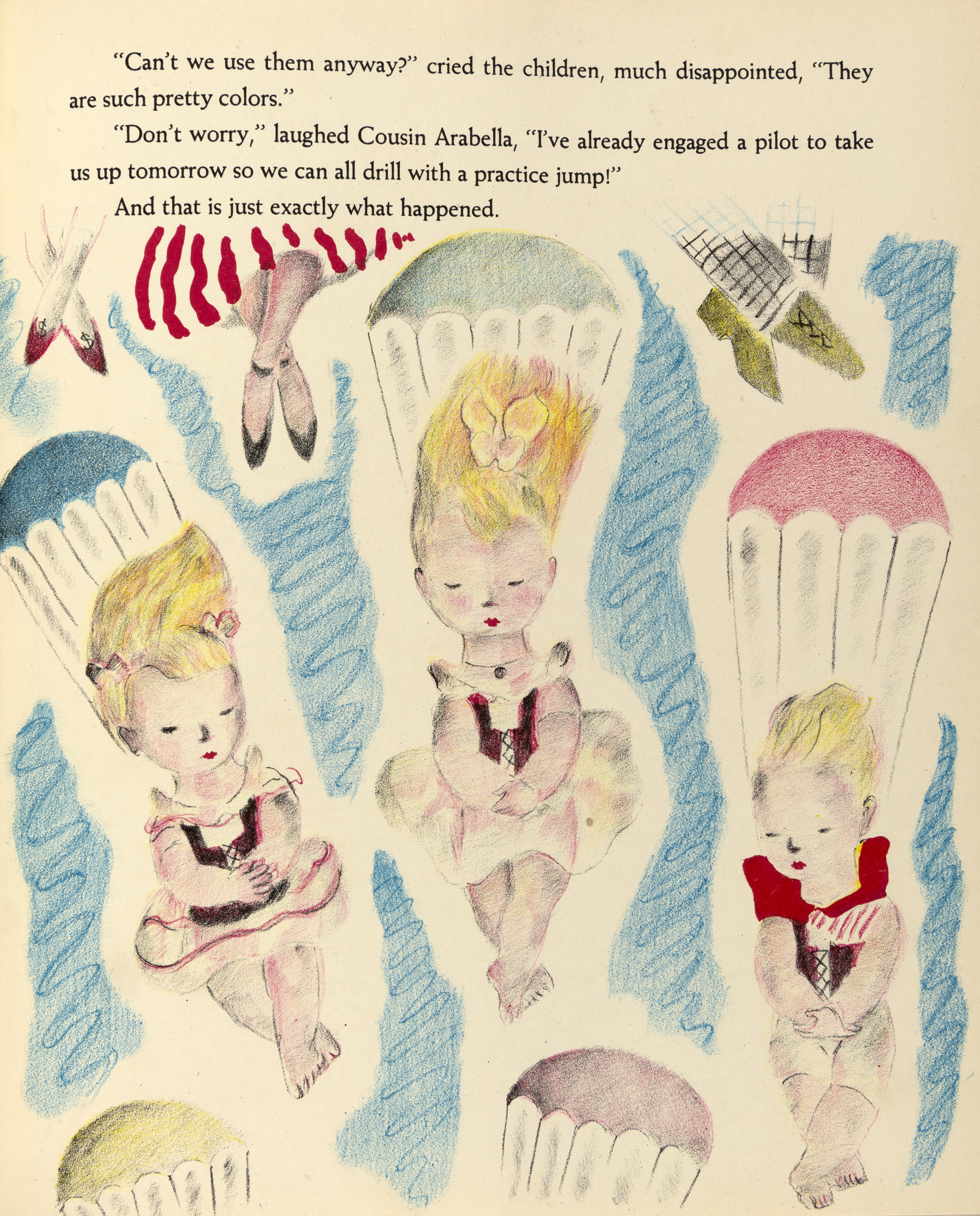 Book page showing parachuting children. 