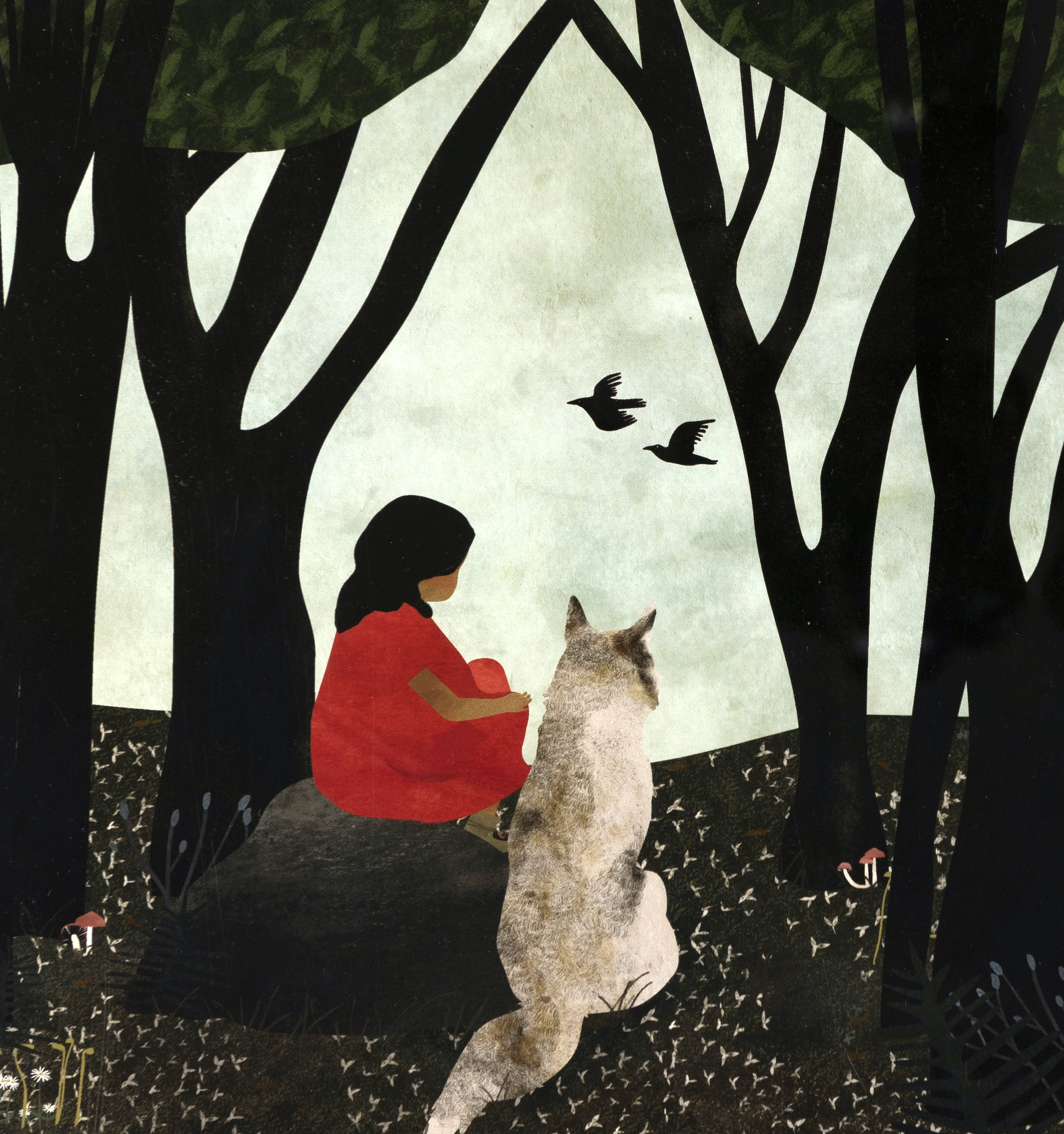 A girl in a red dress sits on a rock next to a wolf, both with their backs turned. Two black birds fly by past the dark forest.
