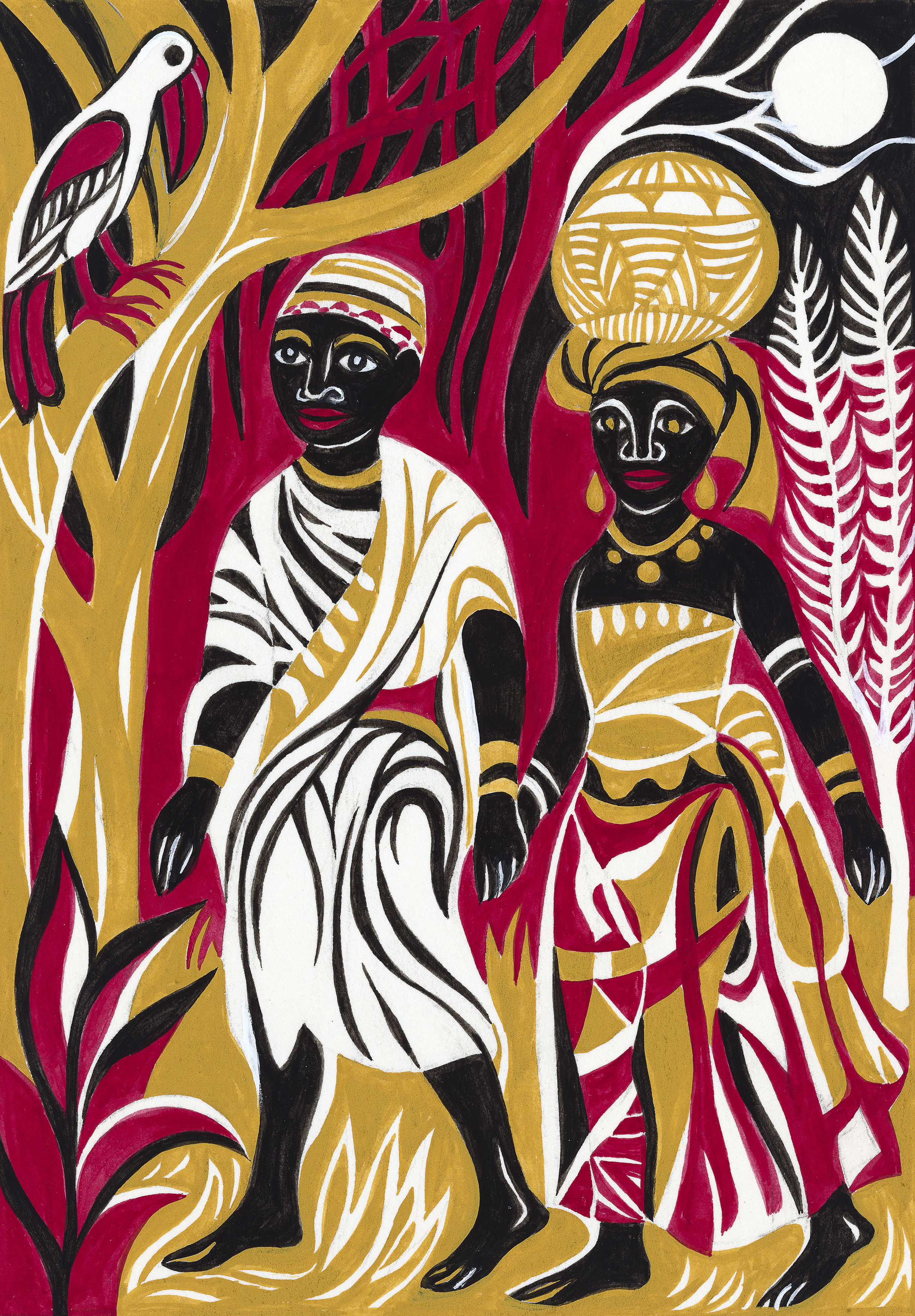 Illustration of two people walking in woods.