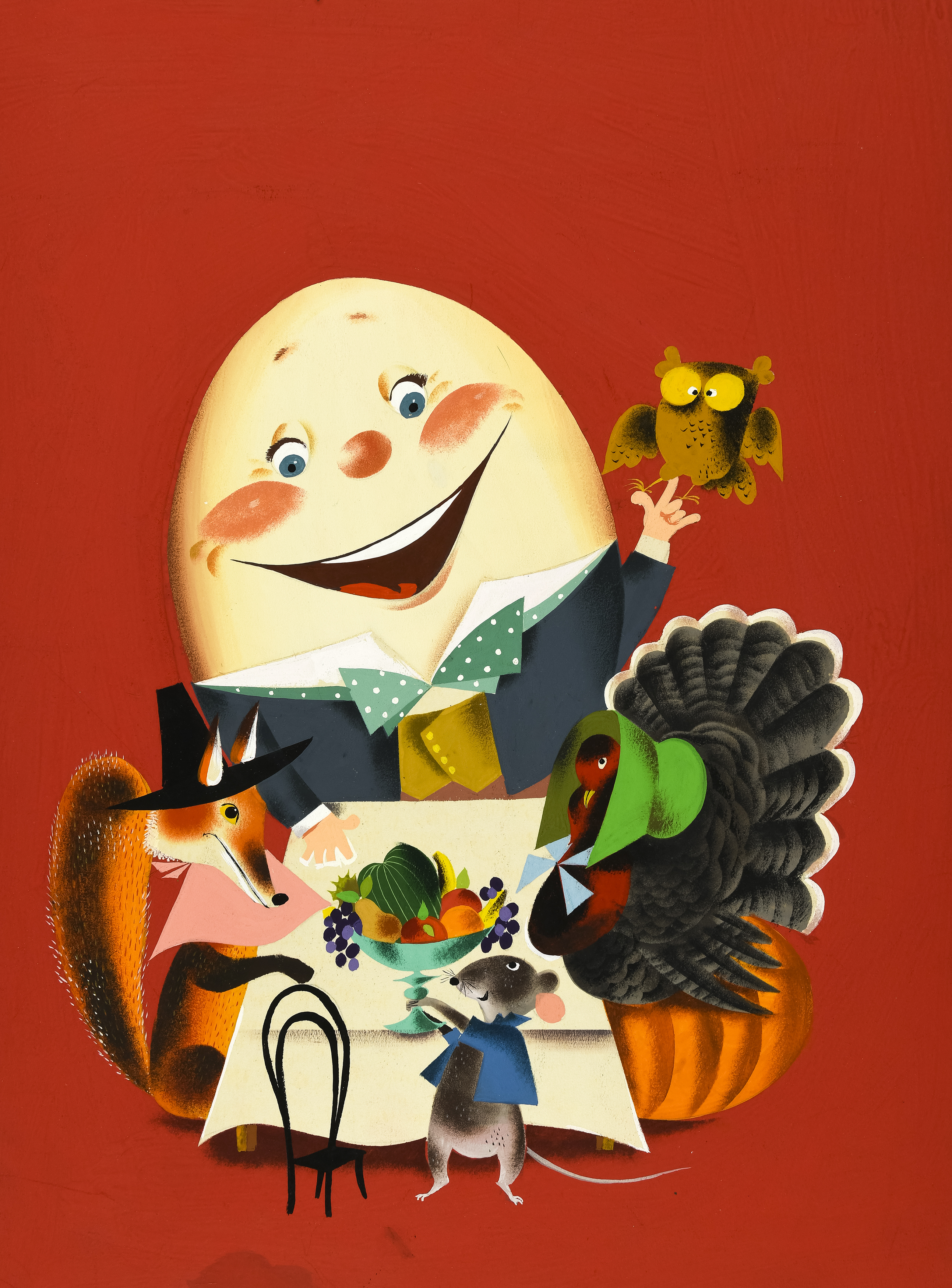 Illustration of humpty dumpty egg at table. 