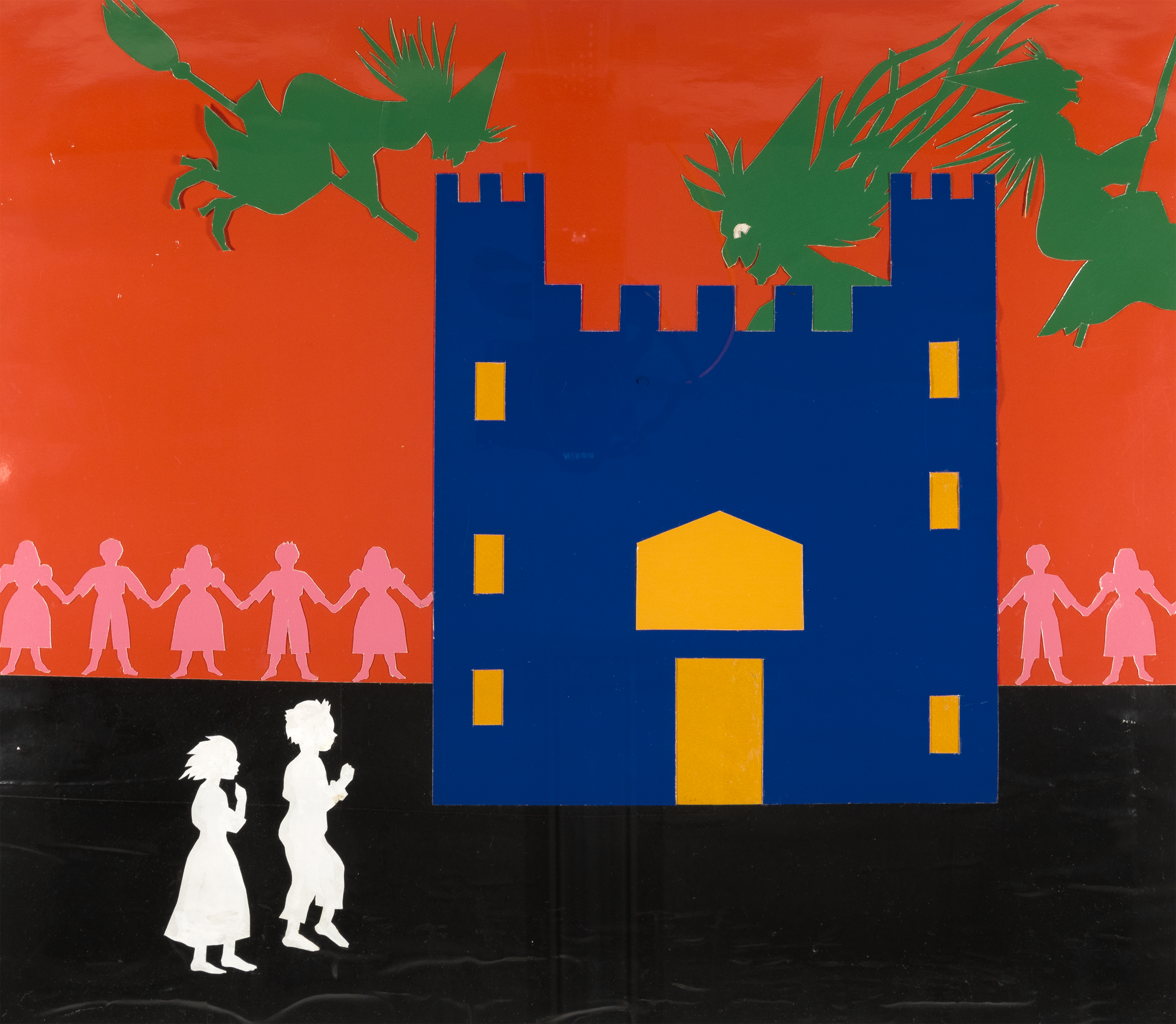 Illustration of silhouettes of castle, witches, and children. 