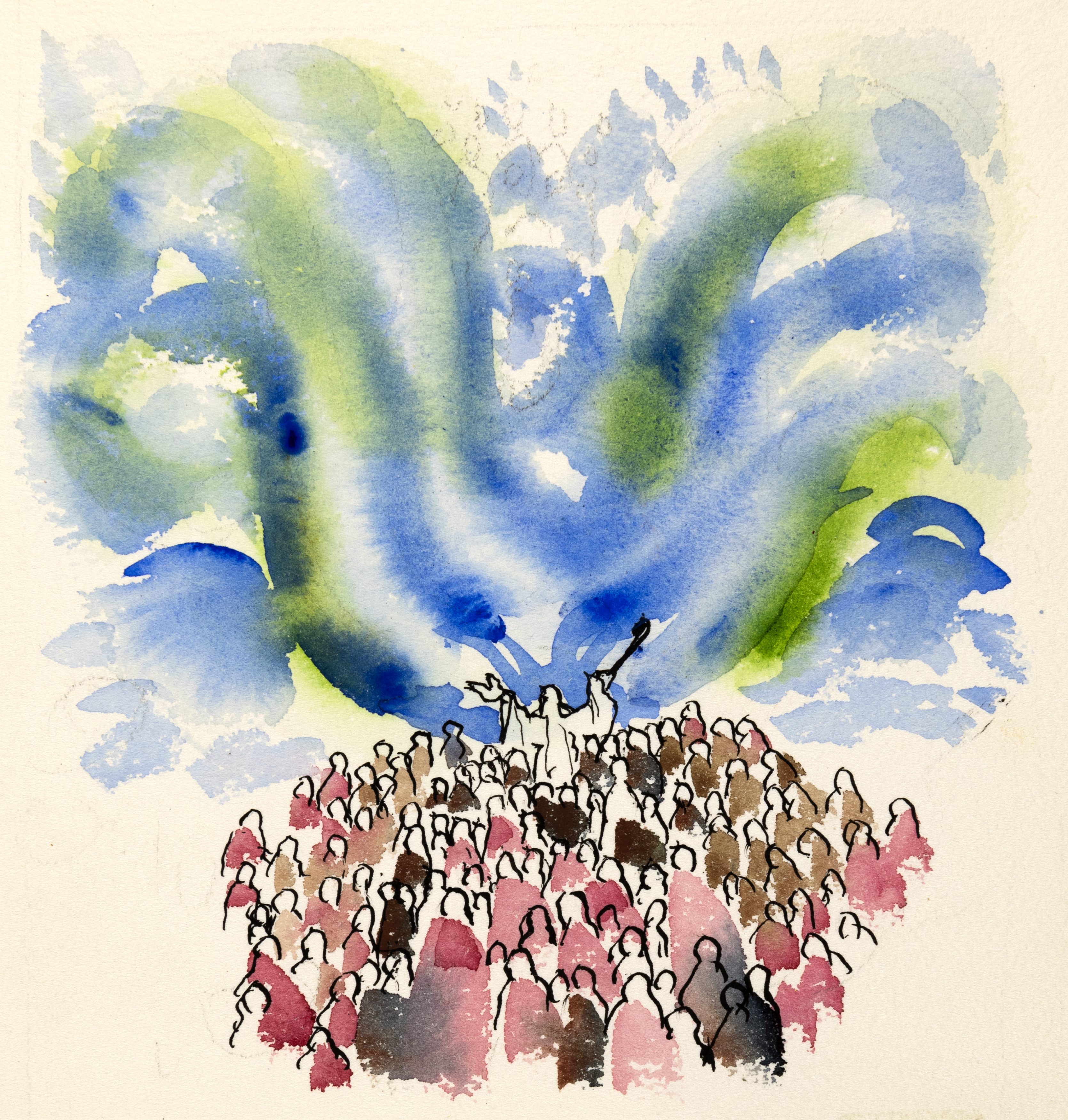 Illustration of crowd and ethereal blue and green streaks overhead. 