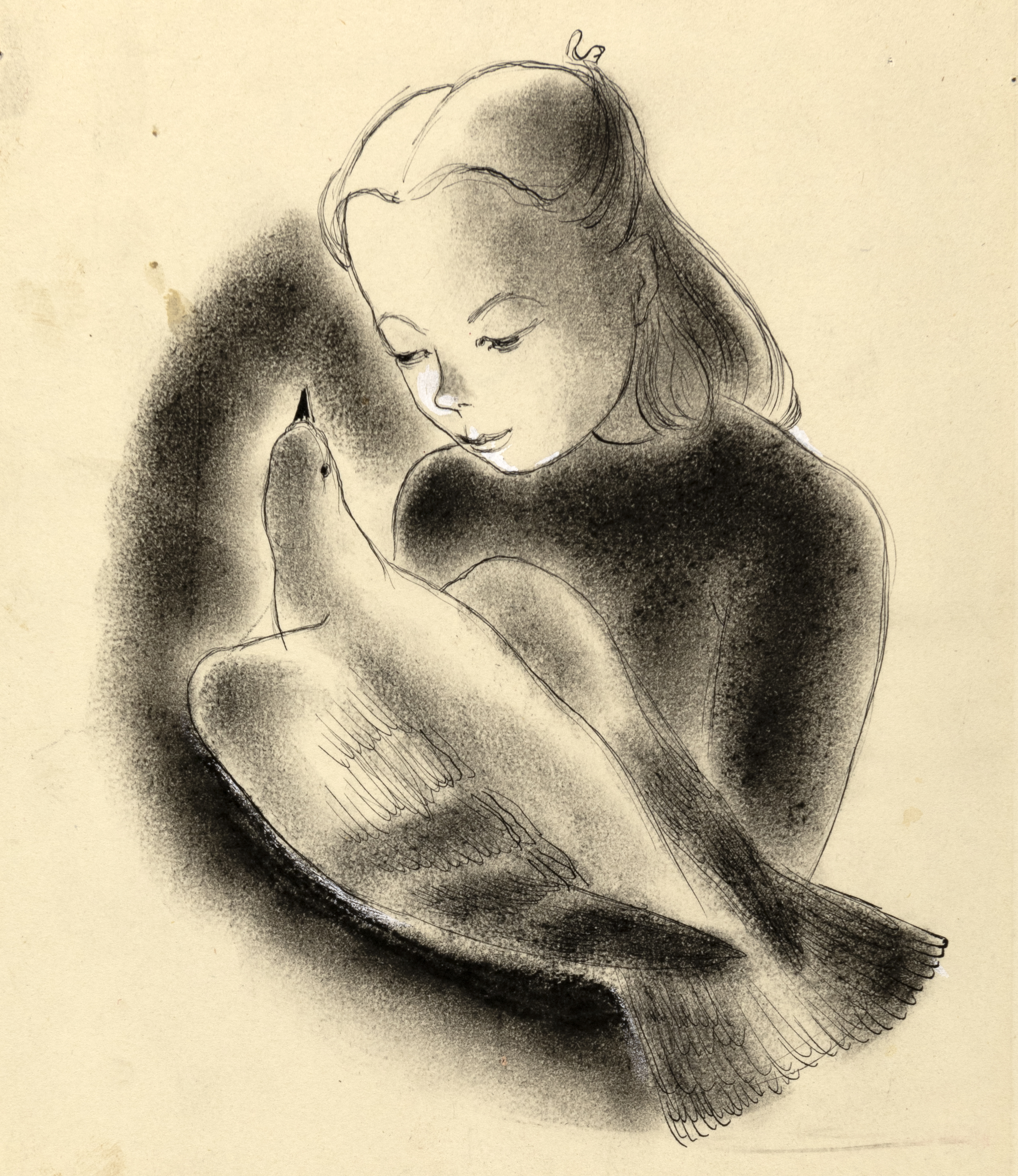 Illustration of girl holding bird. 
