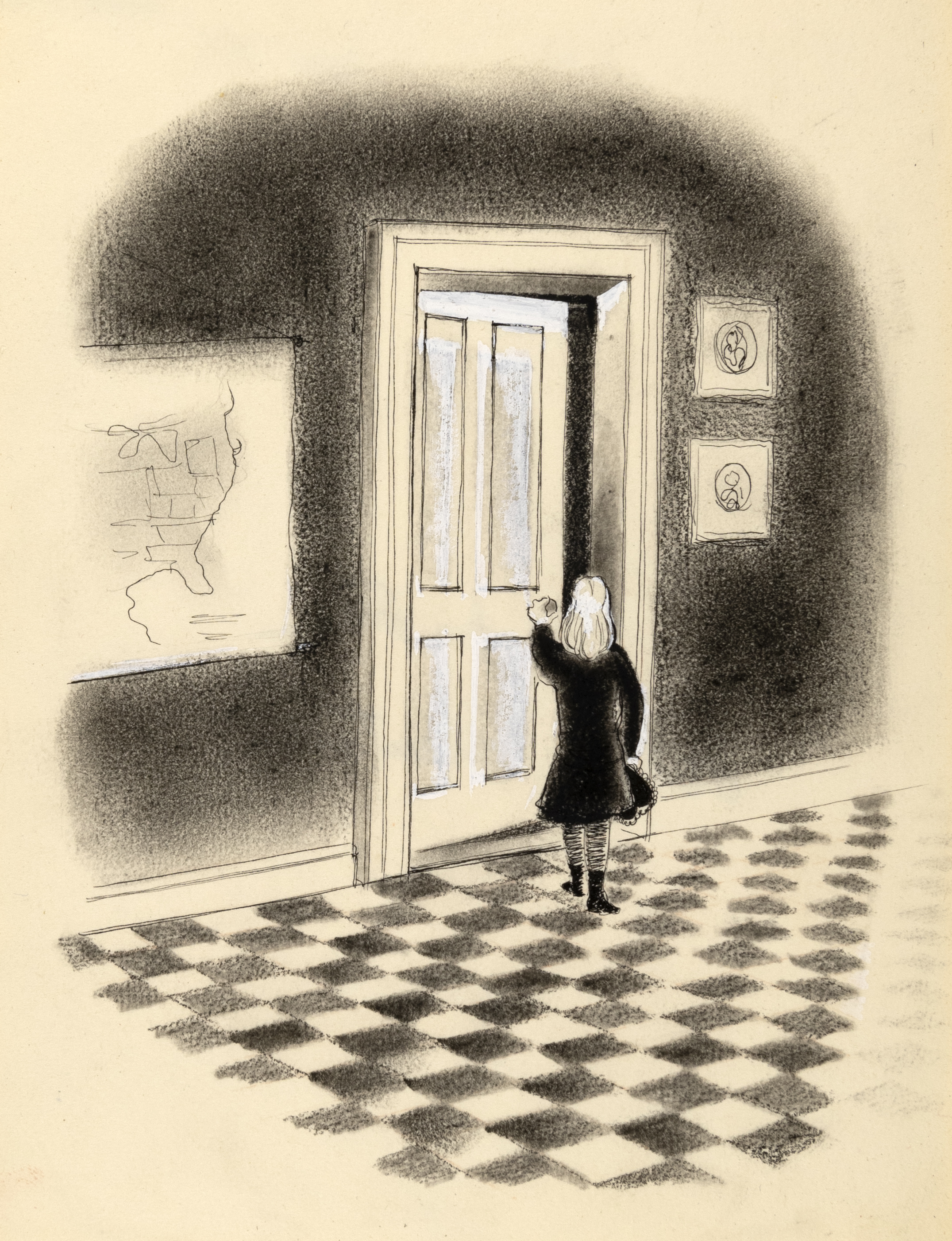 Illustration of girl opening door in hall with checkered floor. 