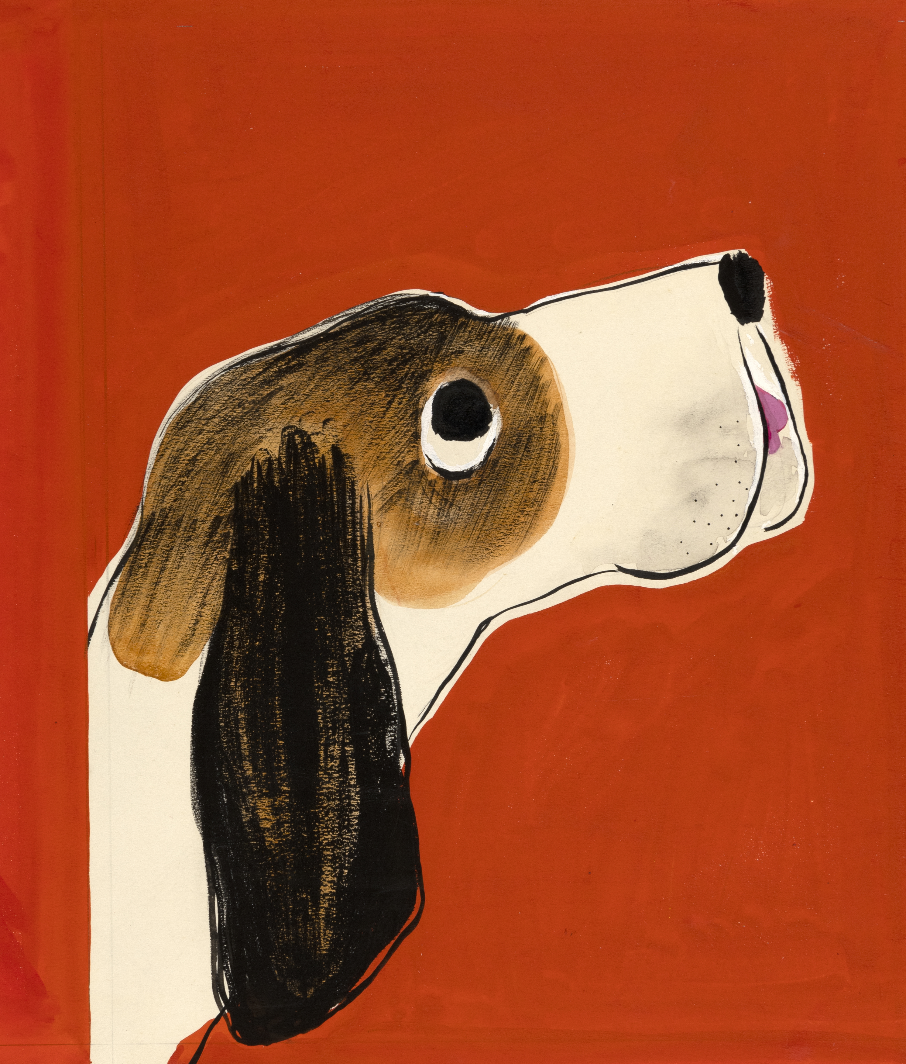Illustration of hound against red background. 