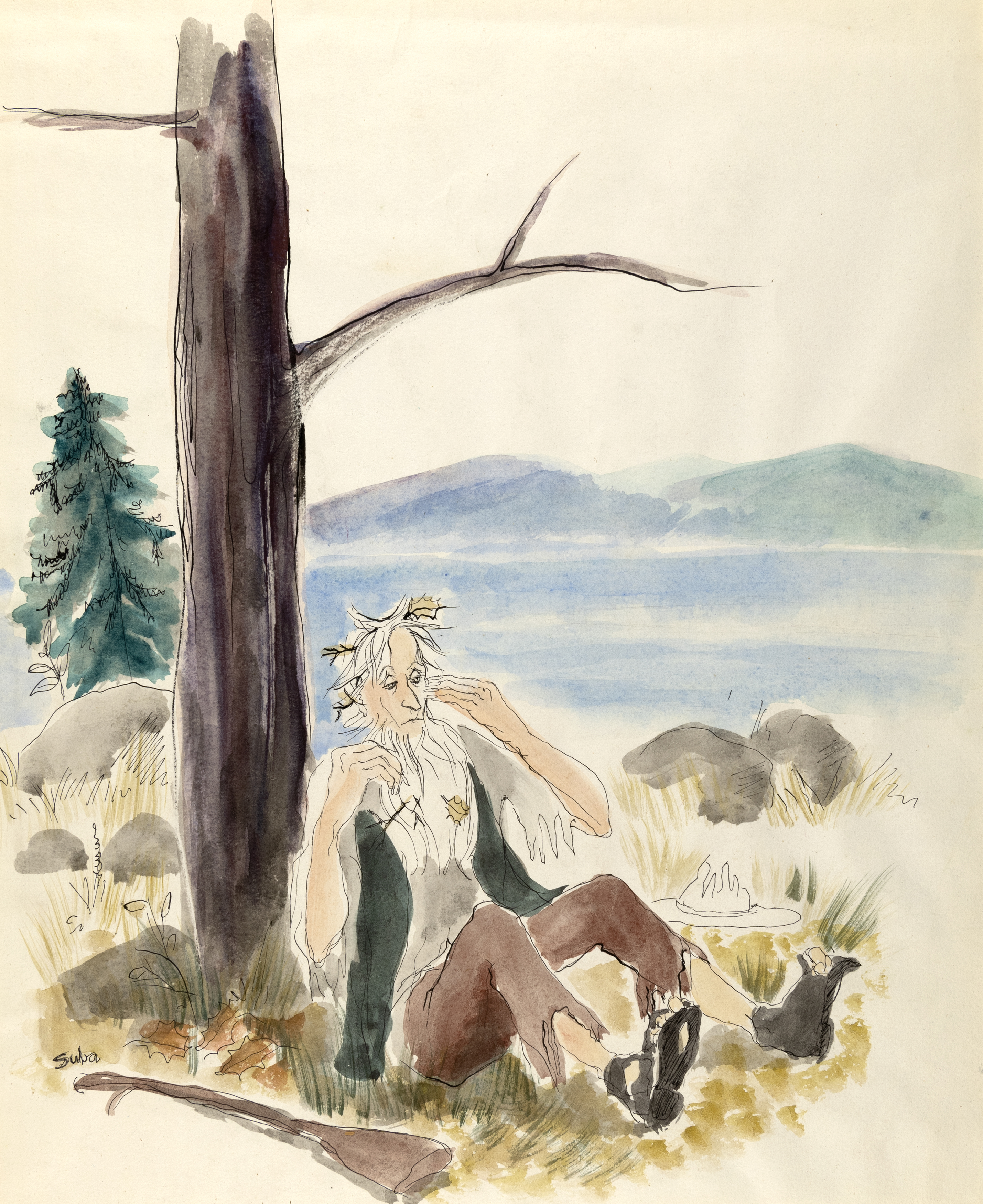Illustration of man sitting next to tree with rifle. 