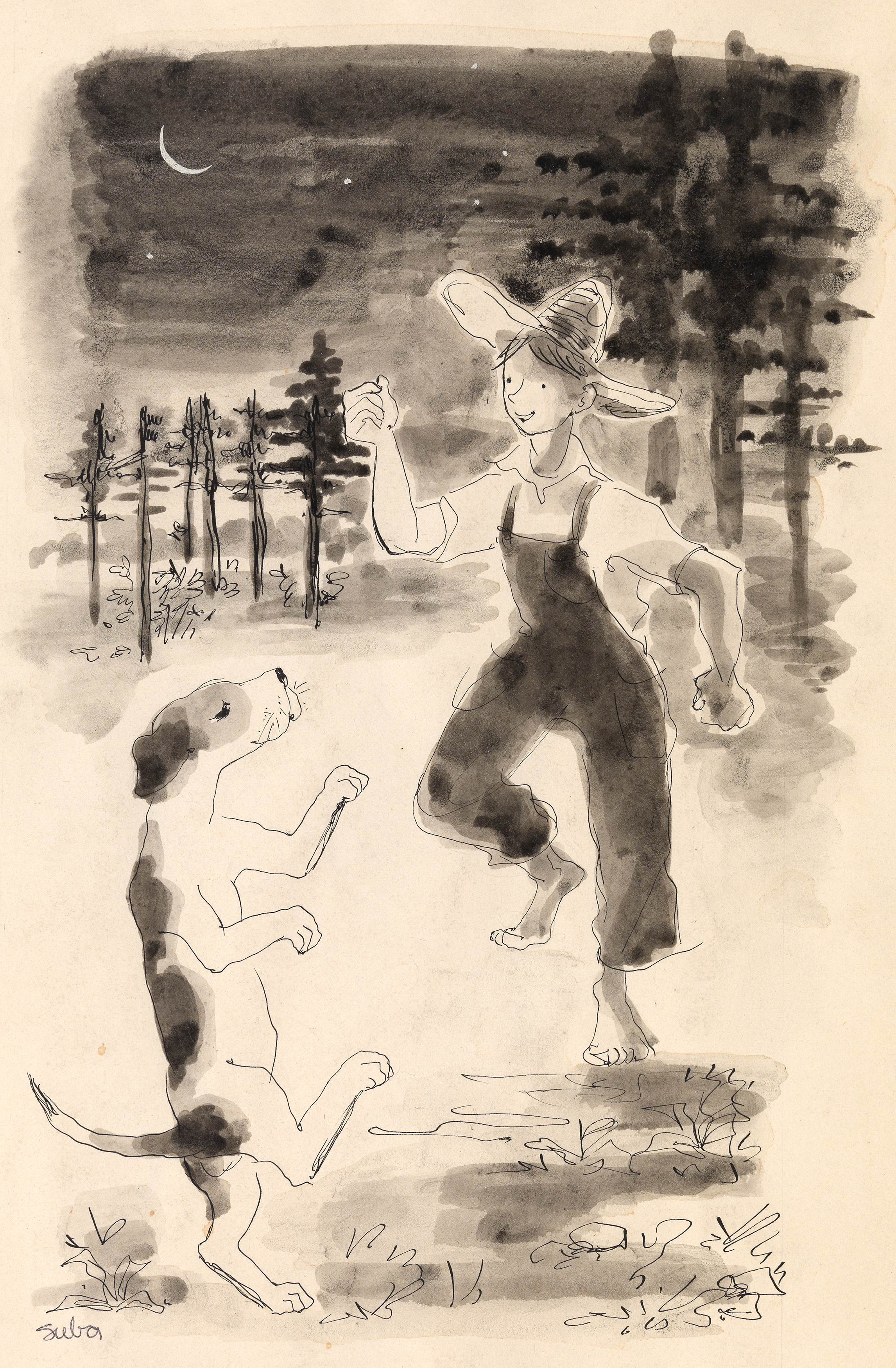 Illustration of boy dancing with hound. 