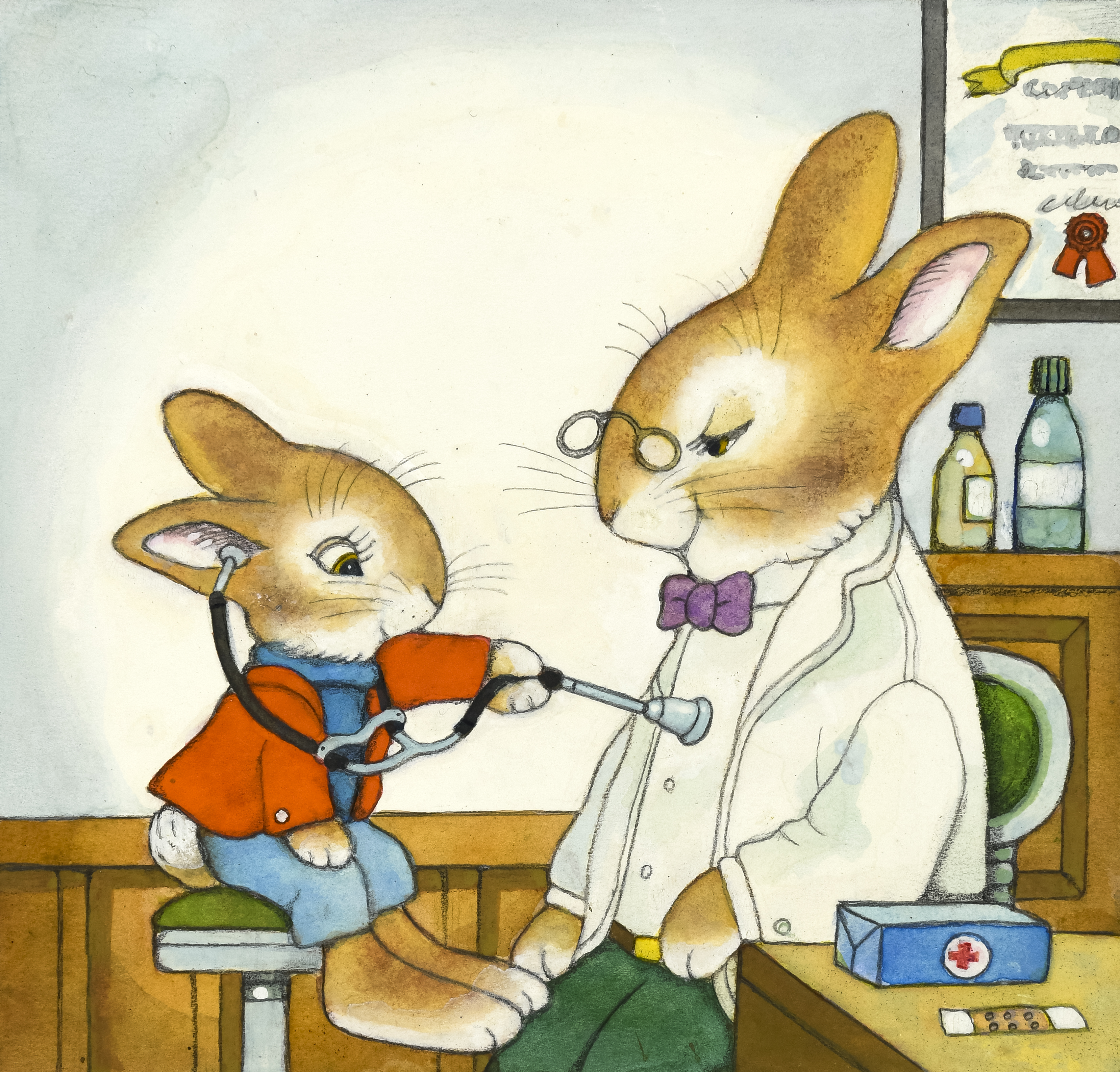 Illustration of little rabbit learning to use stethoscope on doctor rabbit. 