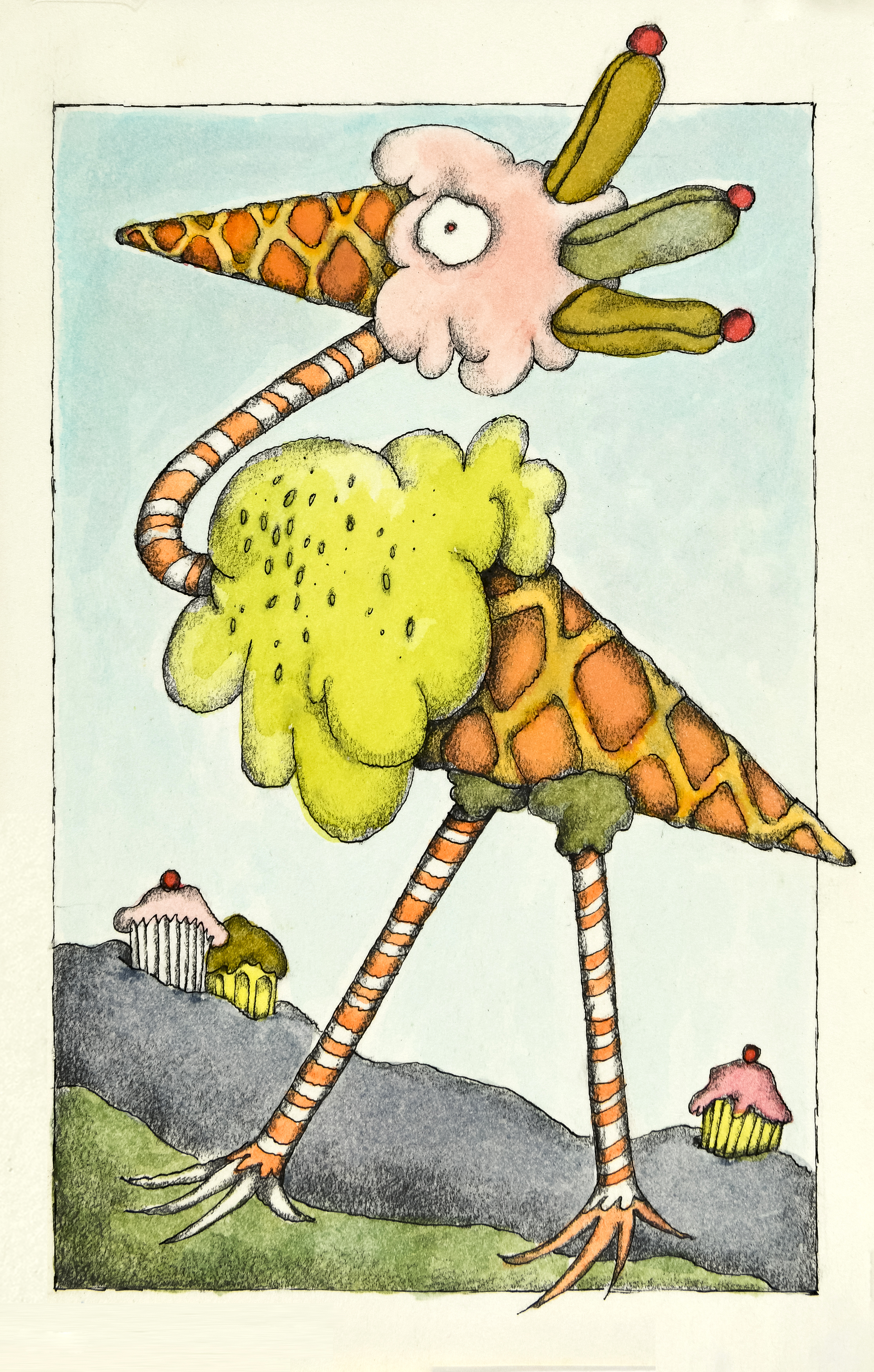 Illustration of bird shaped like ice cream cone. 