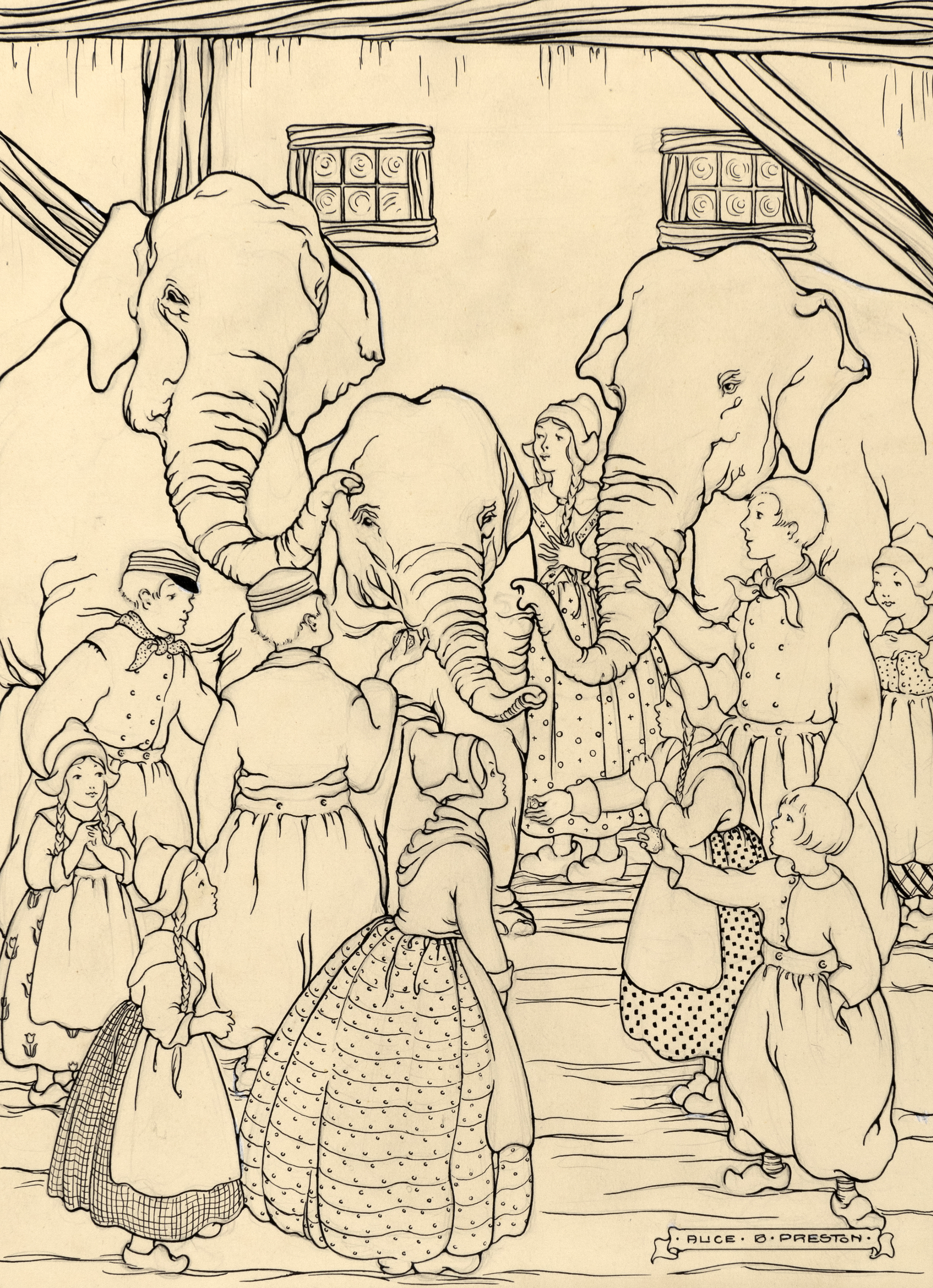 Illustration of elephants and people.