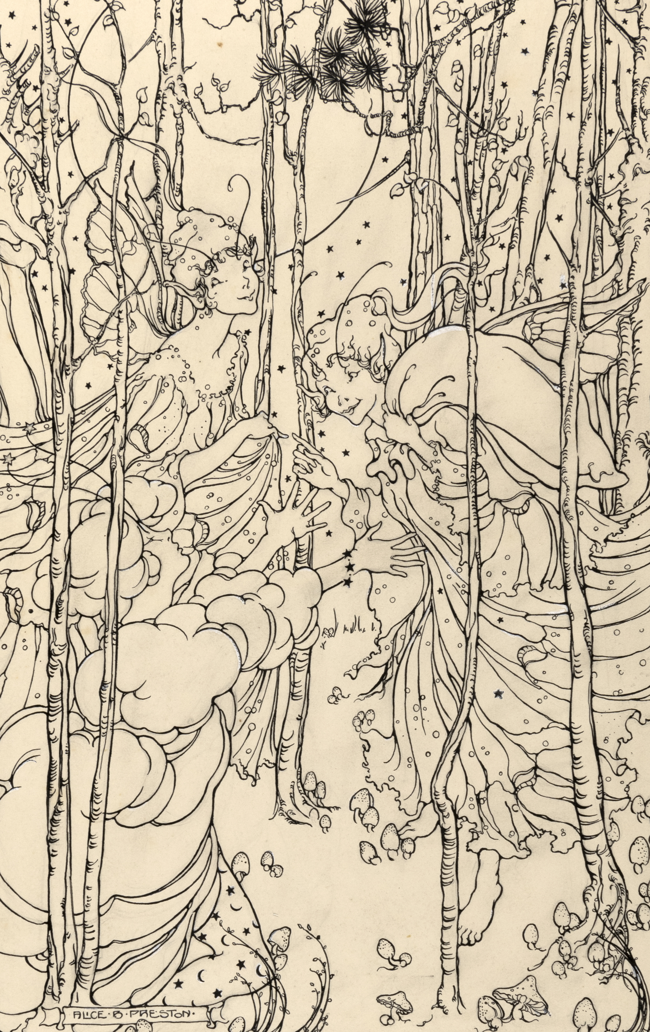 Illustration of fairies in trees. 