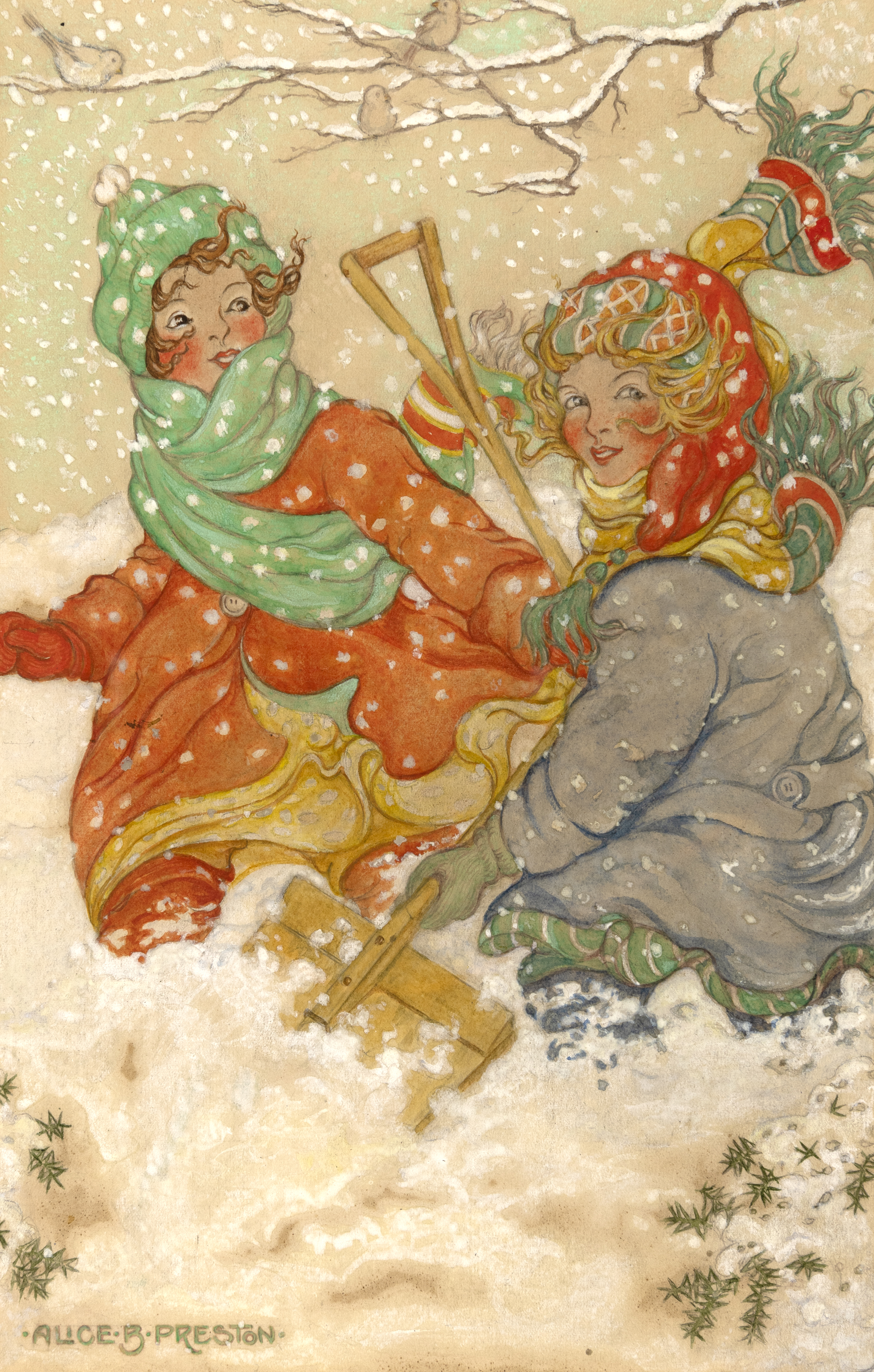 Illustration of two girls in snow. 