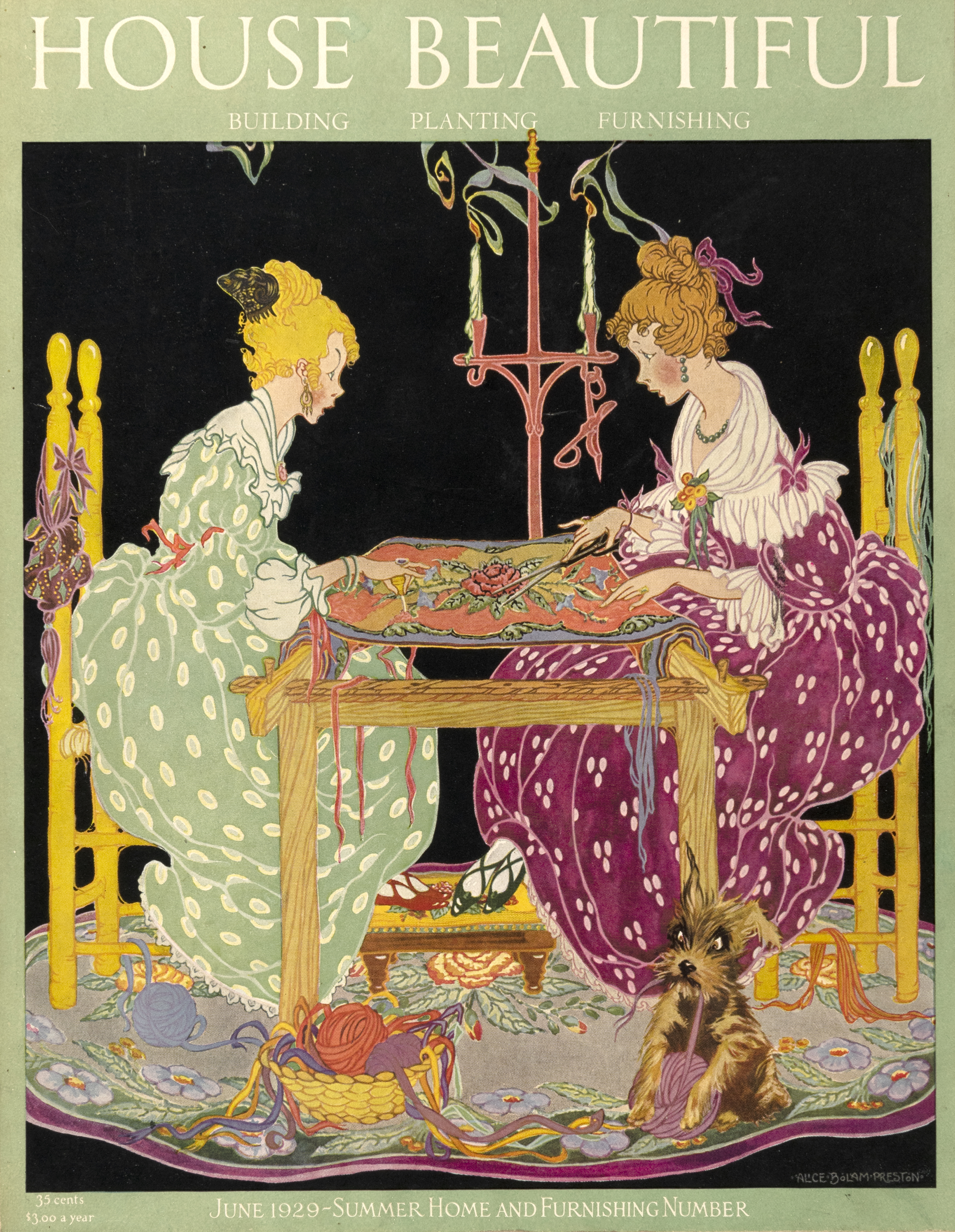 Illustration of two women doing crafts at table. 