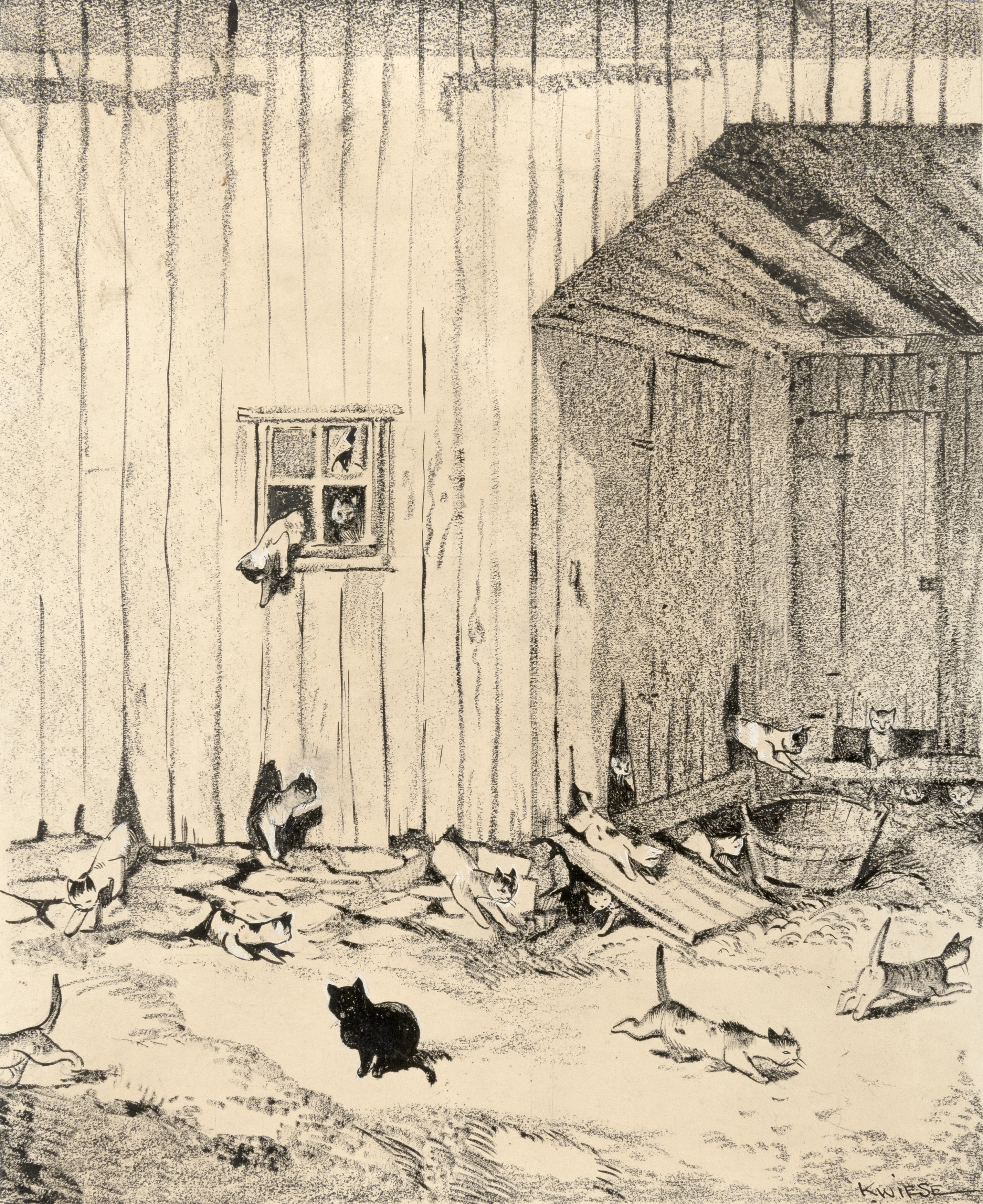 Illustration of cats leaving window of barn. 