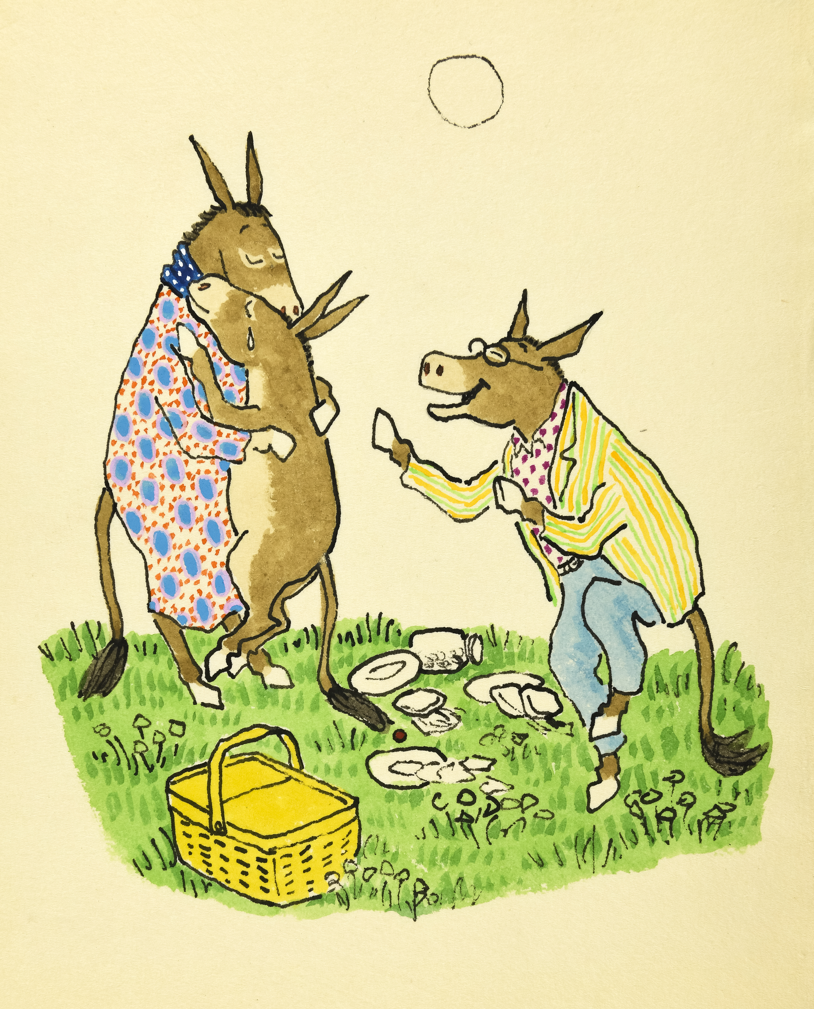 Illustration of donkeys embracing and celebrating at picnic scene. 
