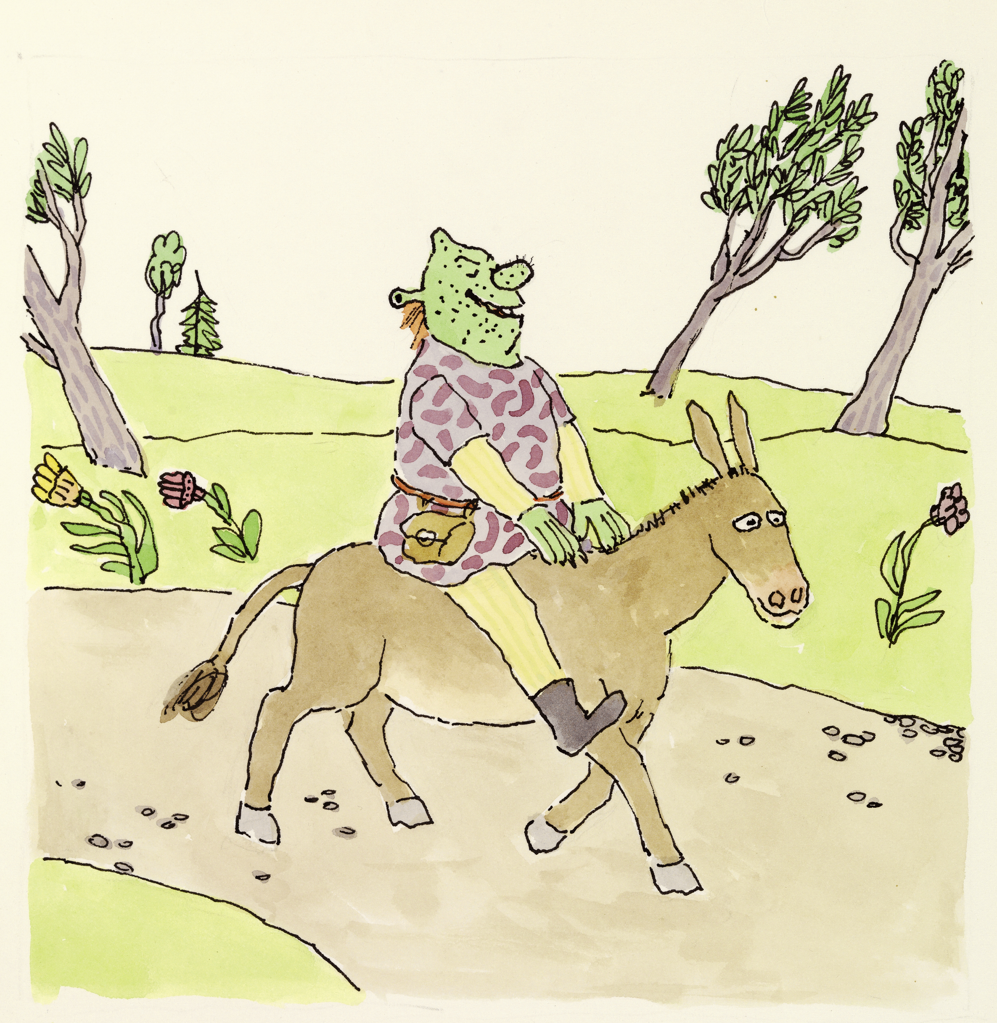 Illustration of Shrek riding donkey down rural road. 