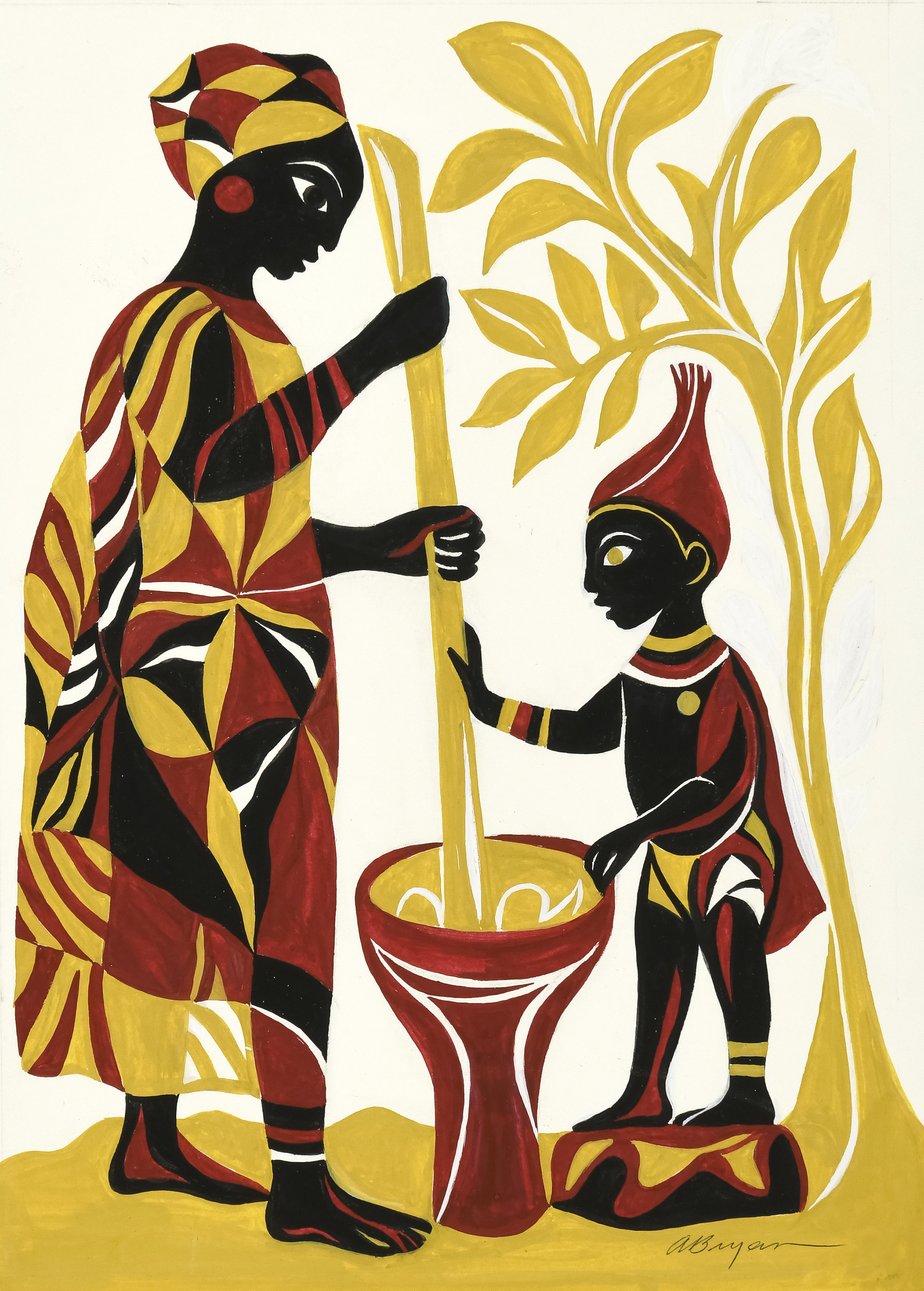 Illustration of two people using mortar and pestle. 