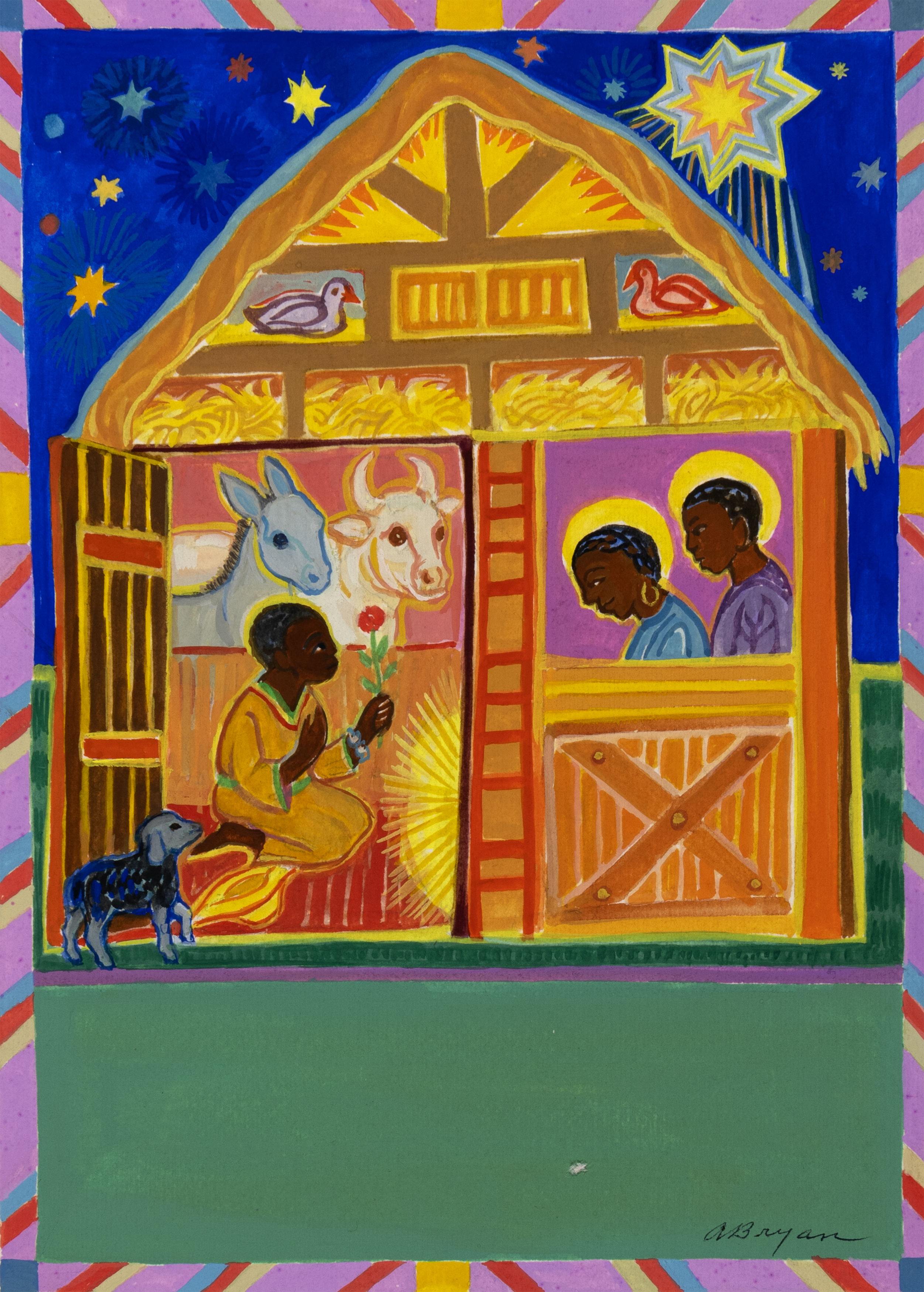 Illustration of saints in manger.