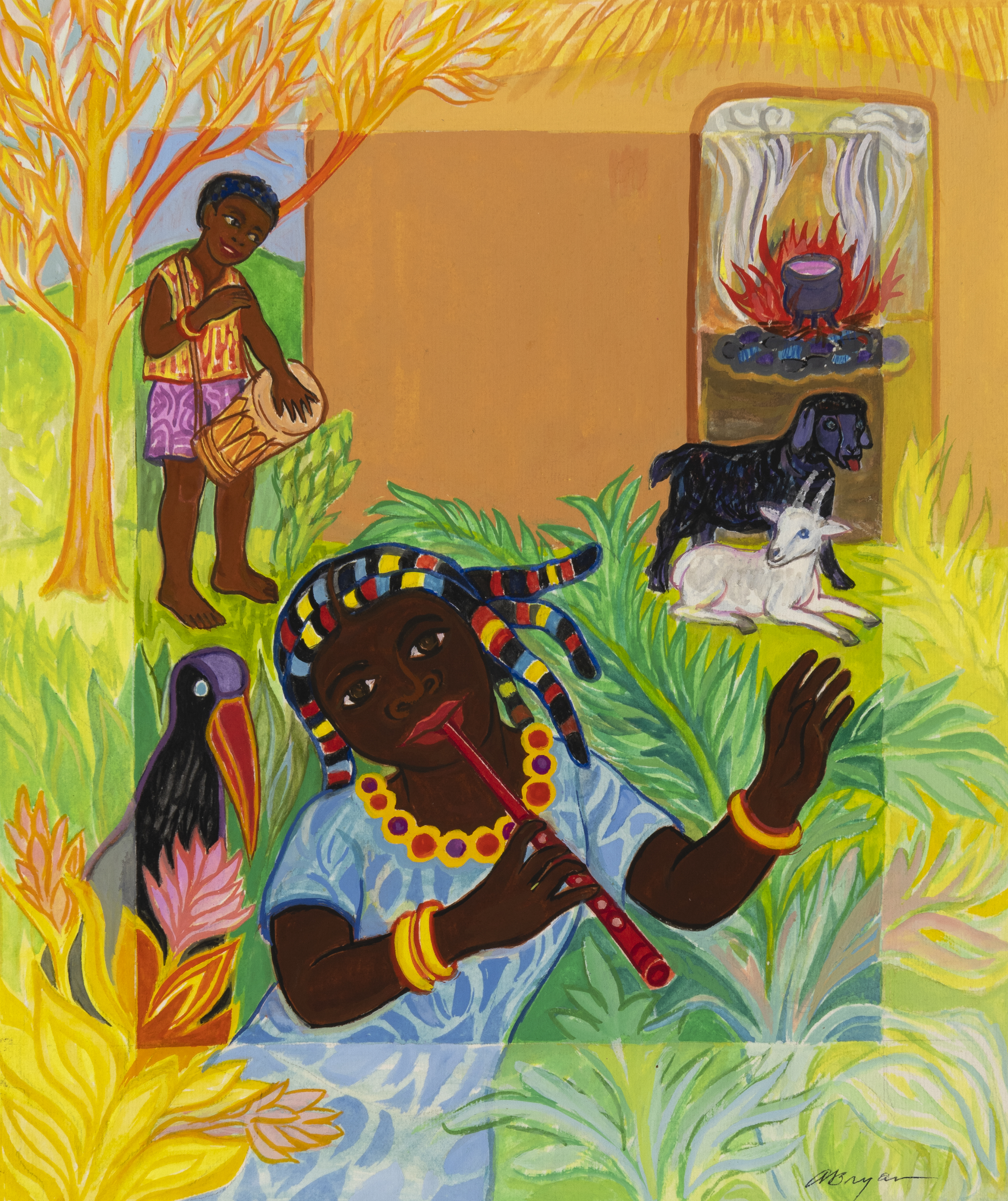 Illustration of woman playing flute and boy drumming in background.