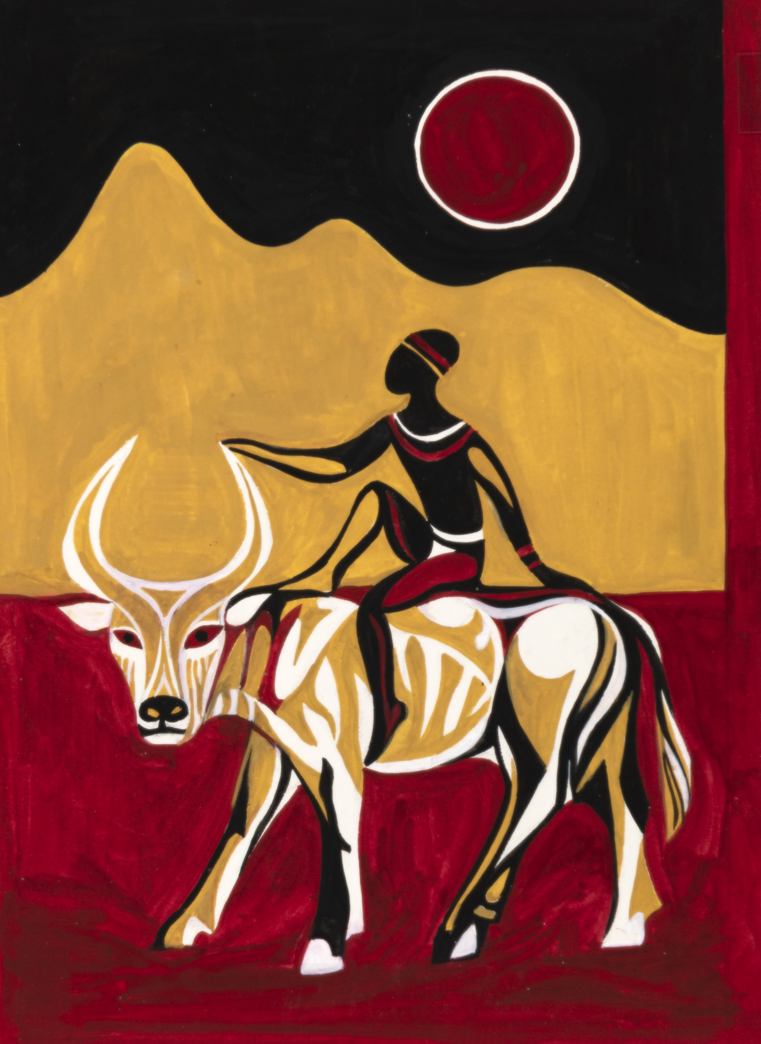 Illustration of person on back of ox.
