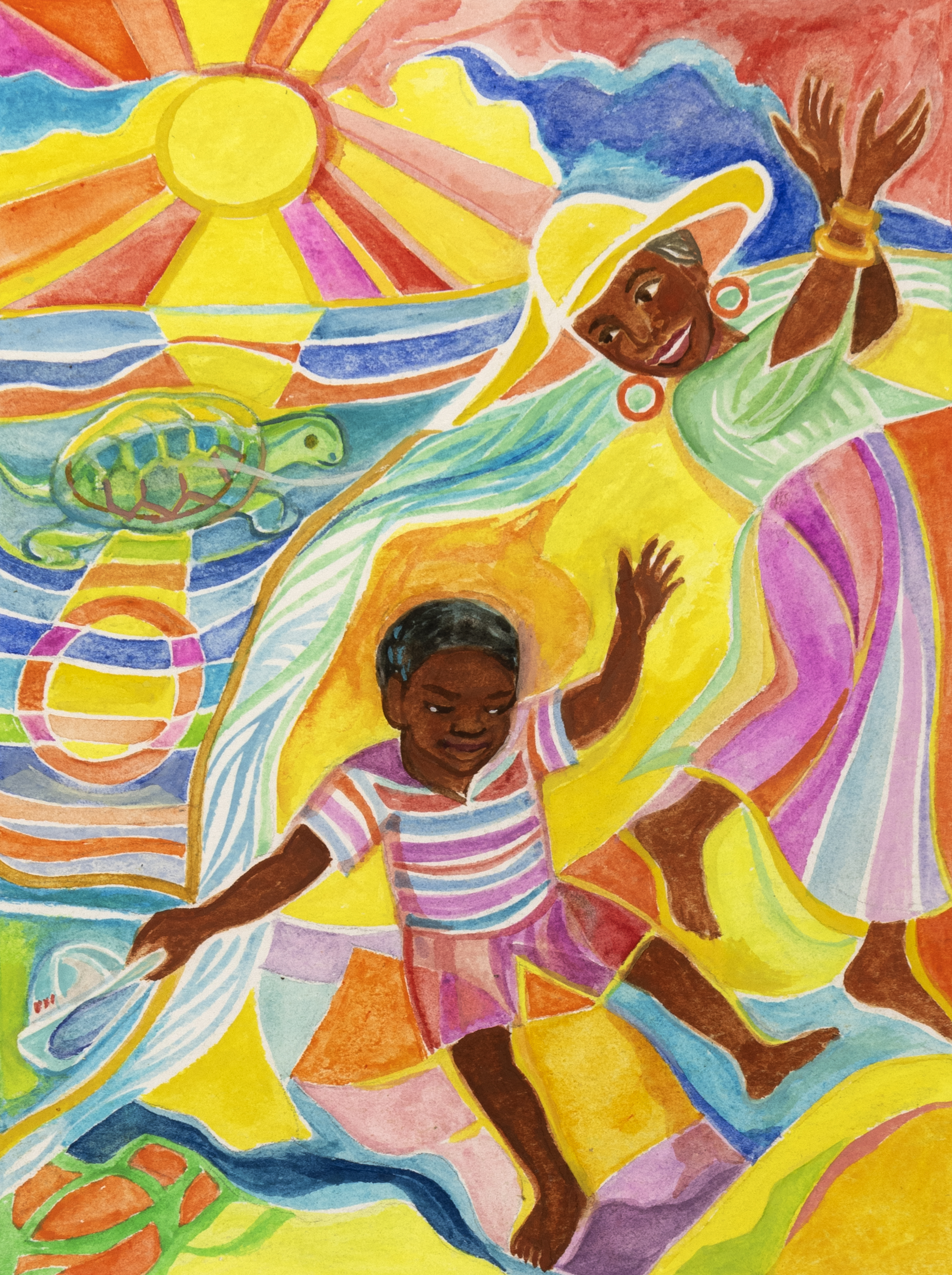 Illustration of woman and child at beach with turtle.