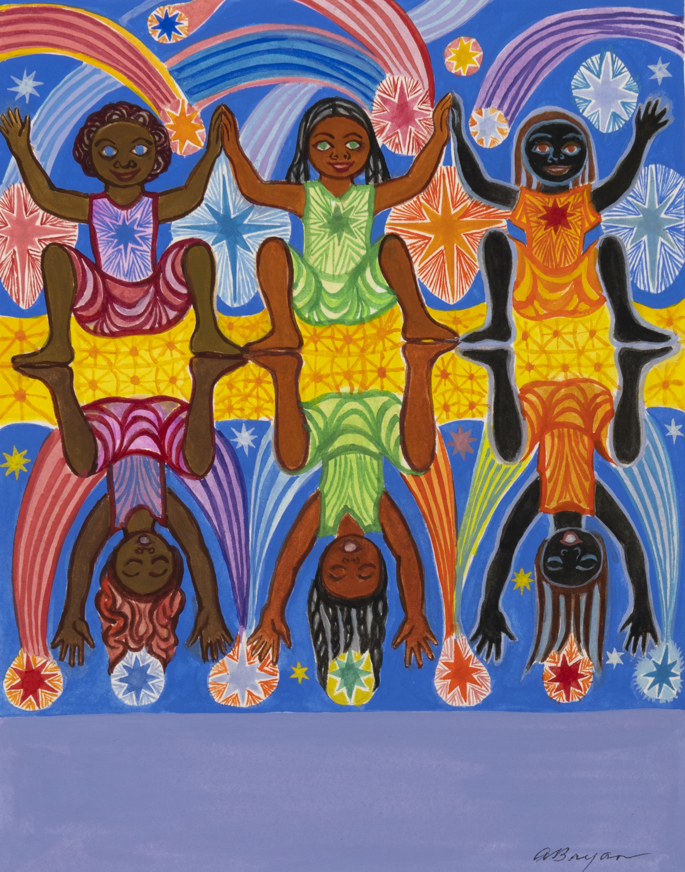 Illustration of three children with hands raised.