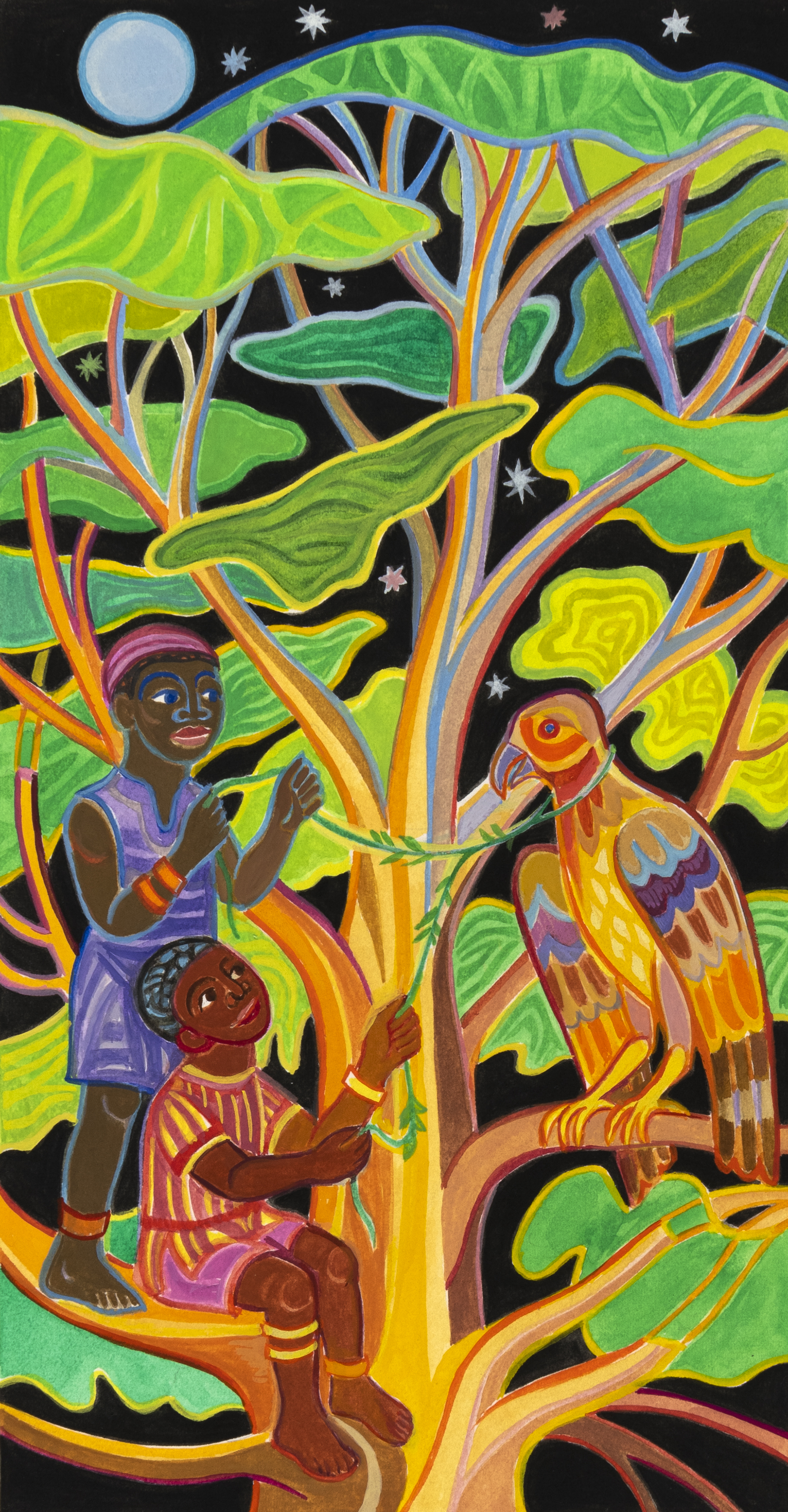 Illustration of tree with two people and large bird in branches.